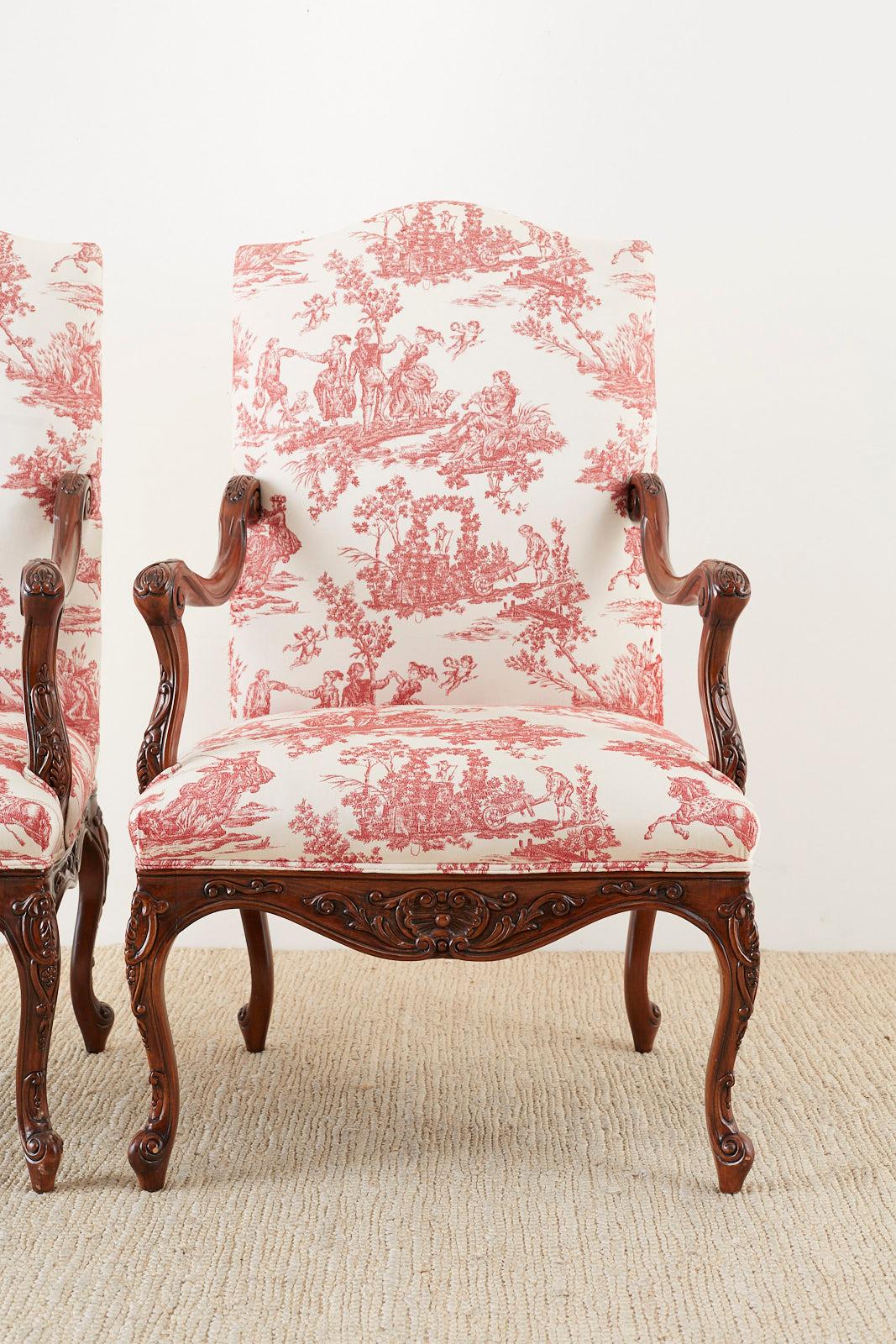 Fabric Pair of French Provincial Style Walnut Toile Fauteuil Armchairs
