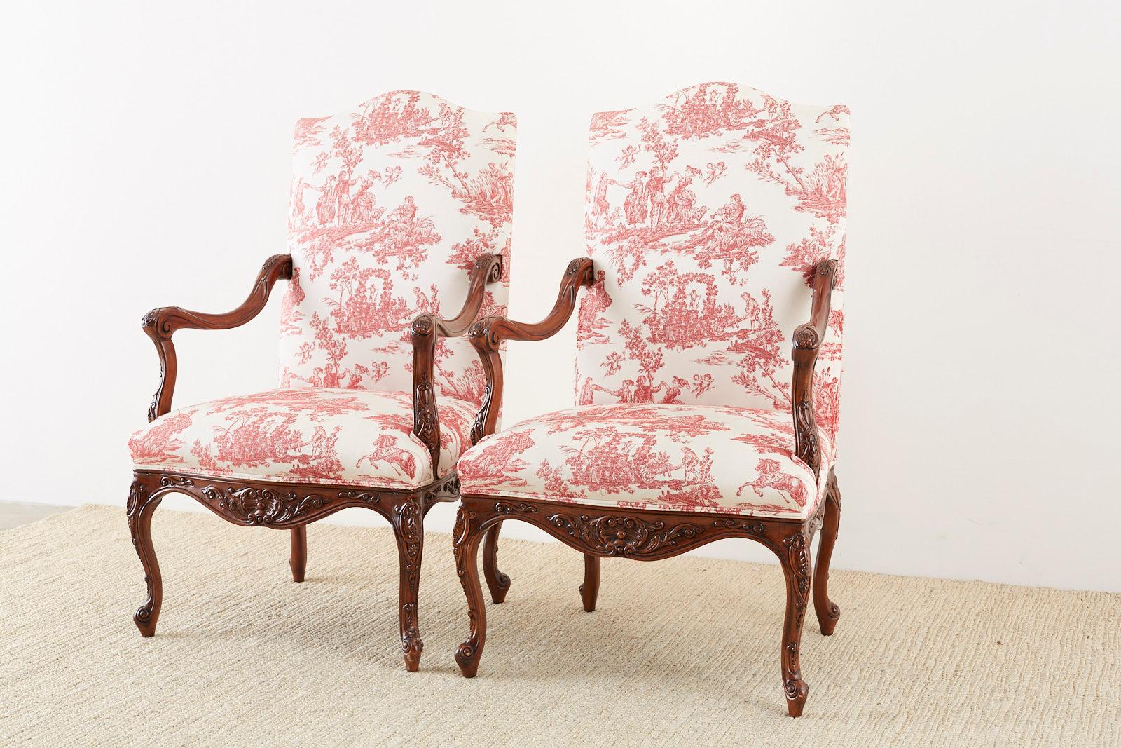 Pair of French Provincial Style Walnut Toile Fauteuil Armchairs 1