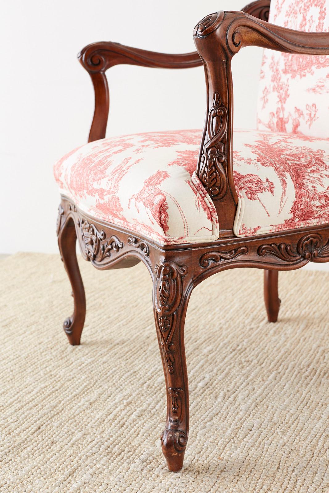 Pair of French Provincial Style Walnut Toile Fauteuil Armchairs 2