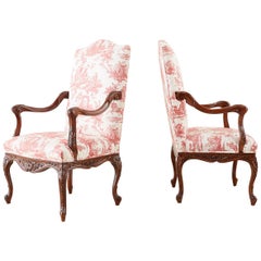 Pair of French Provincial Style Walnut Toile Fauteuil Armchairs