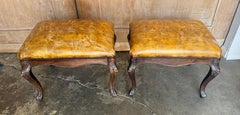 Pair of French Provincial Style Walnut Tufted Leather Benches