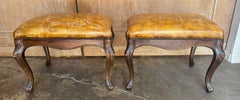 Pair of French Provincial Style Walnut Tufted Leather Benches