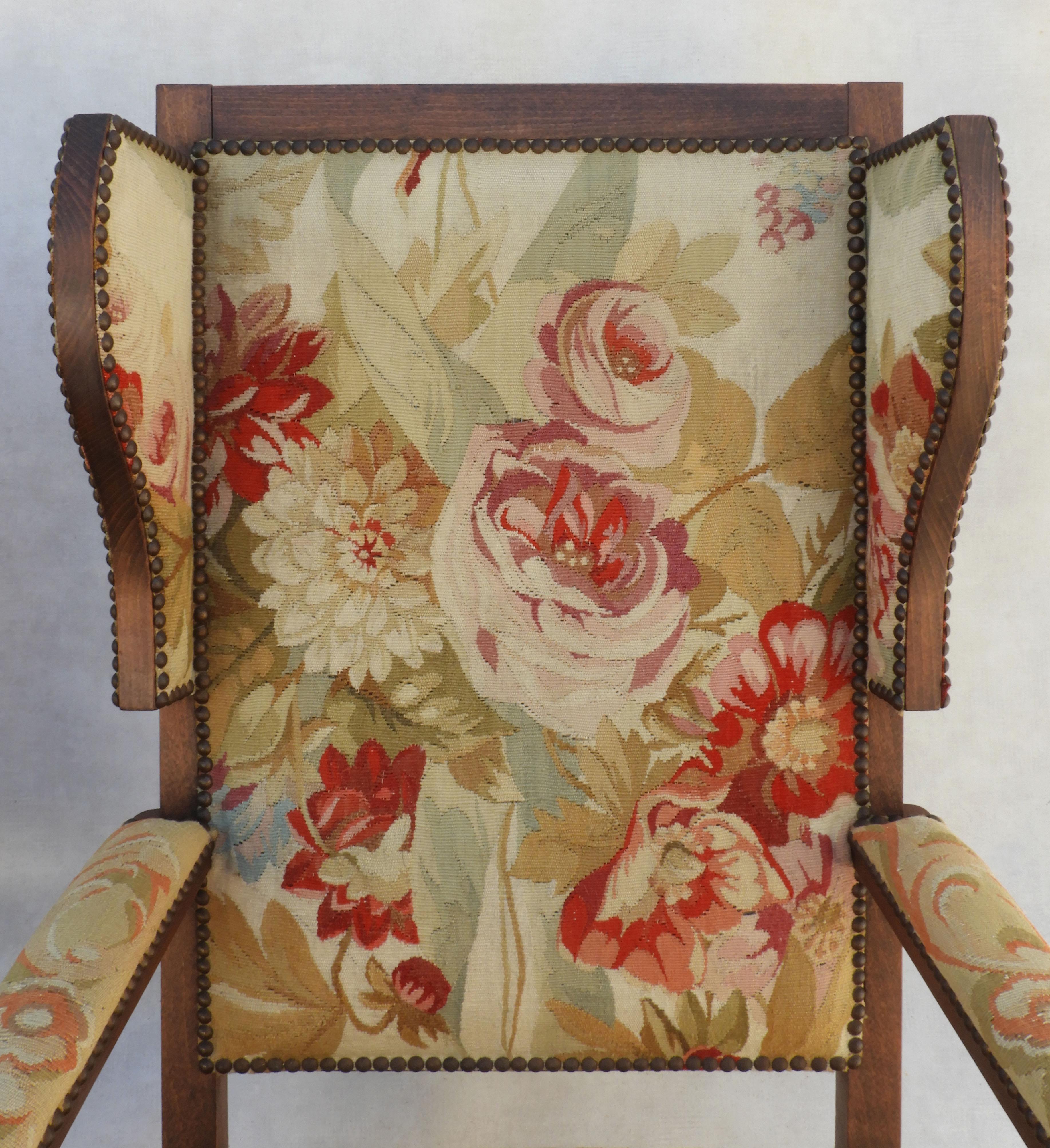 Pair of French Provincial Oak and Tapestry Wing back Armchairs For Sale 5