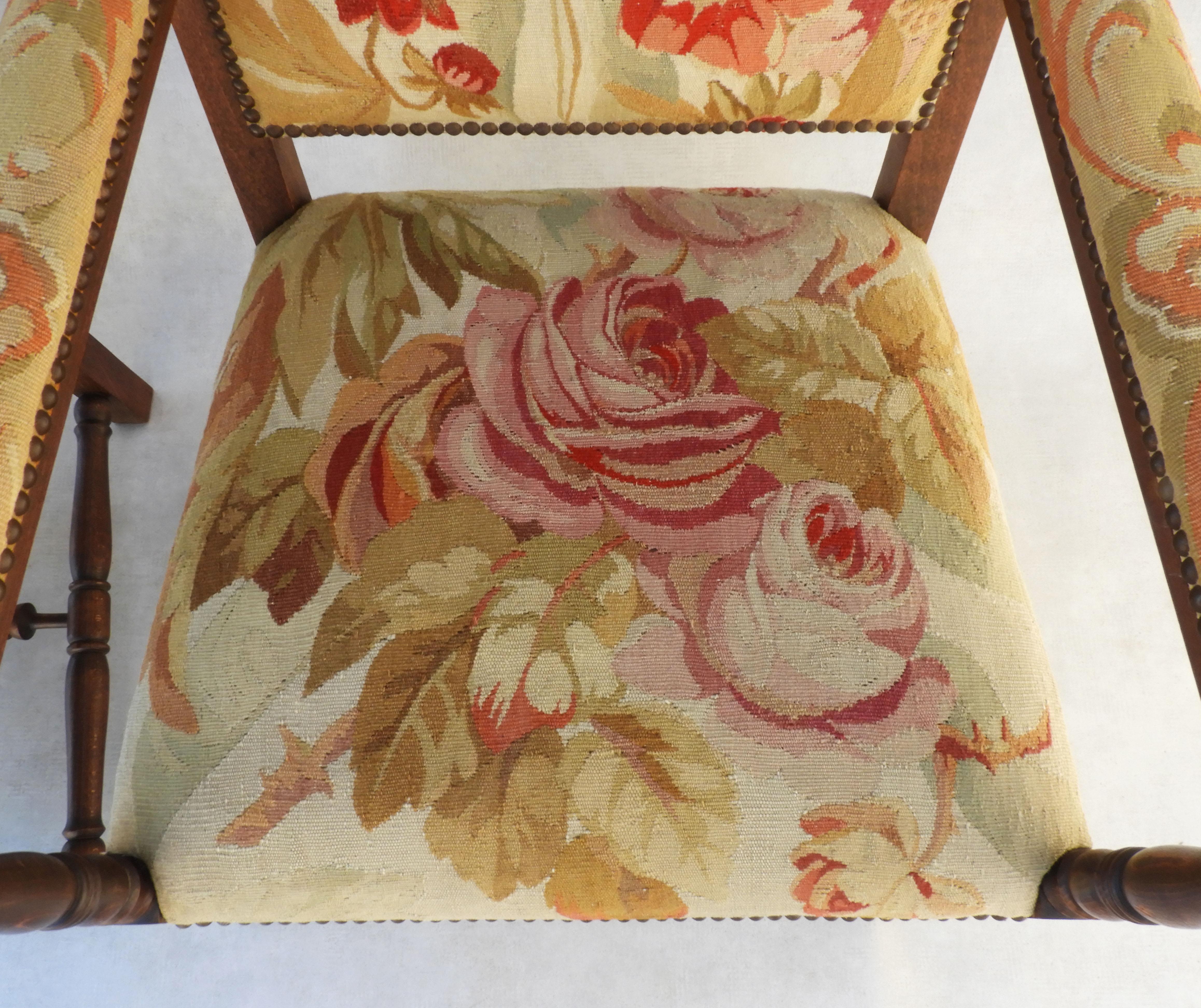 Pair of French Provincial Oak and Tapestry Wing back Armchairs For Sale 7
