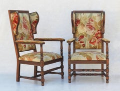 Pair of French Provincial Oak and Tapestry Wing back Armchairs