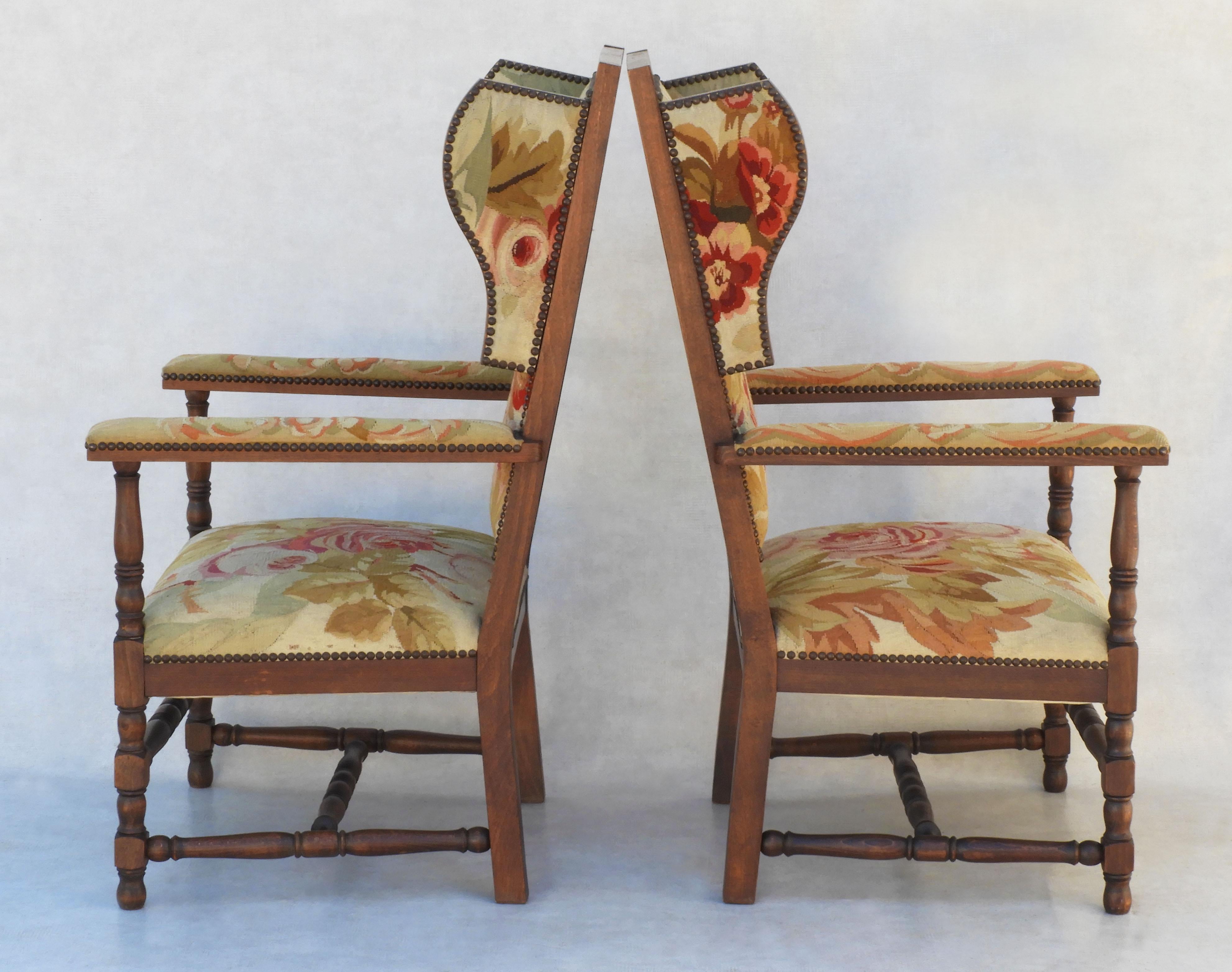Turned Pair of French Provincial Oak and Tapestry Wing back Armchairs For Sale