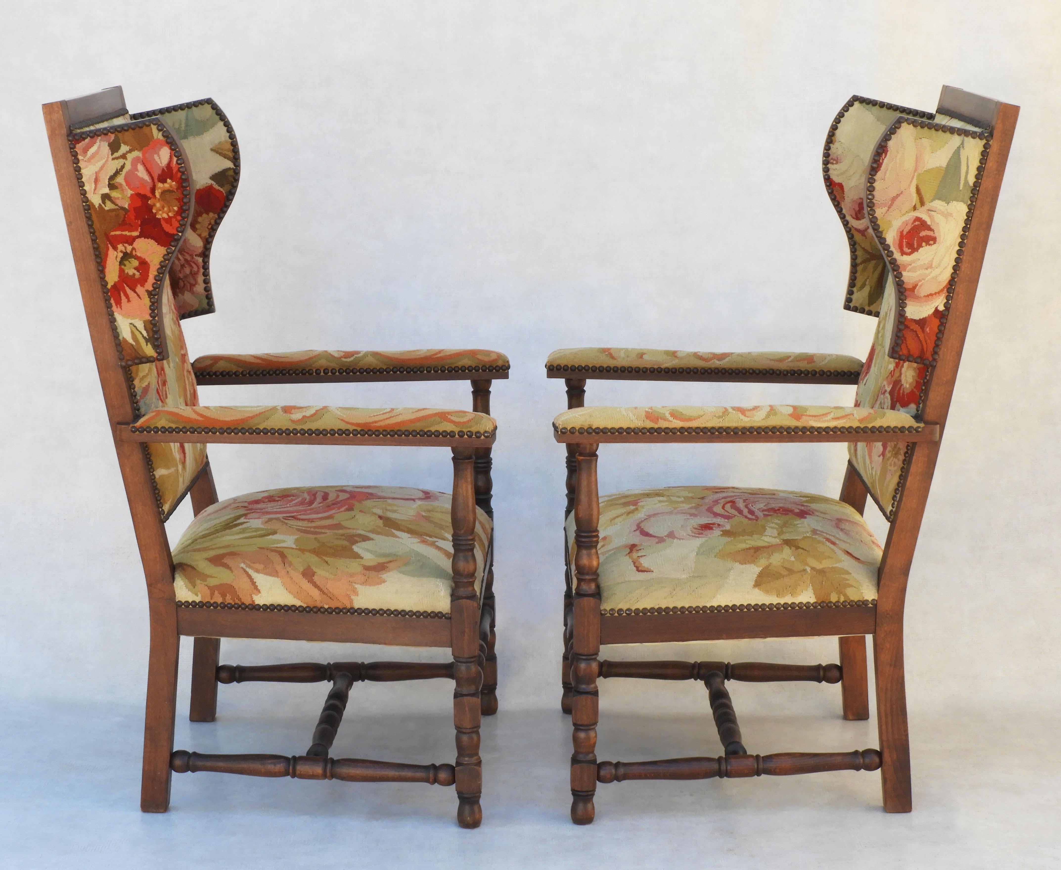 Pair of French Provincial Oak and Tapestry Wing back Armchairs In Good Condition For Sale In Trensacq, FR