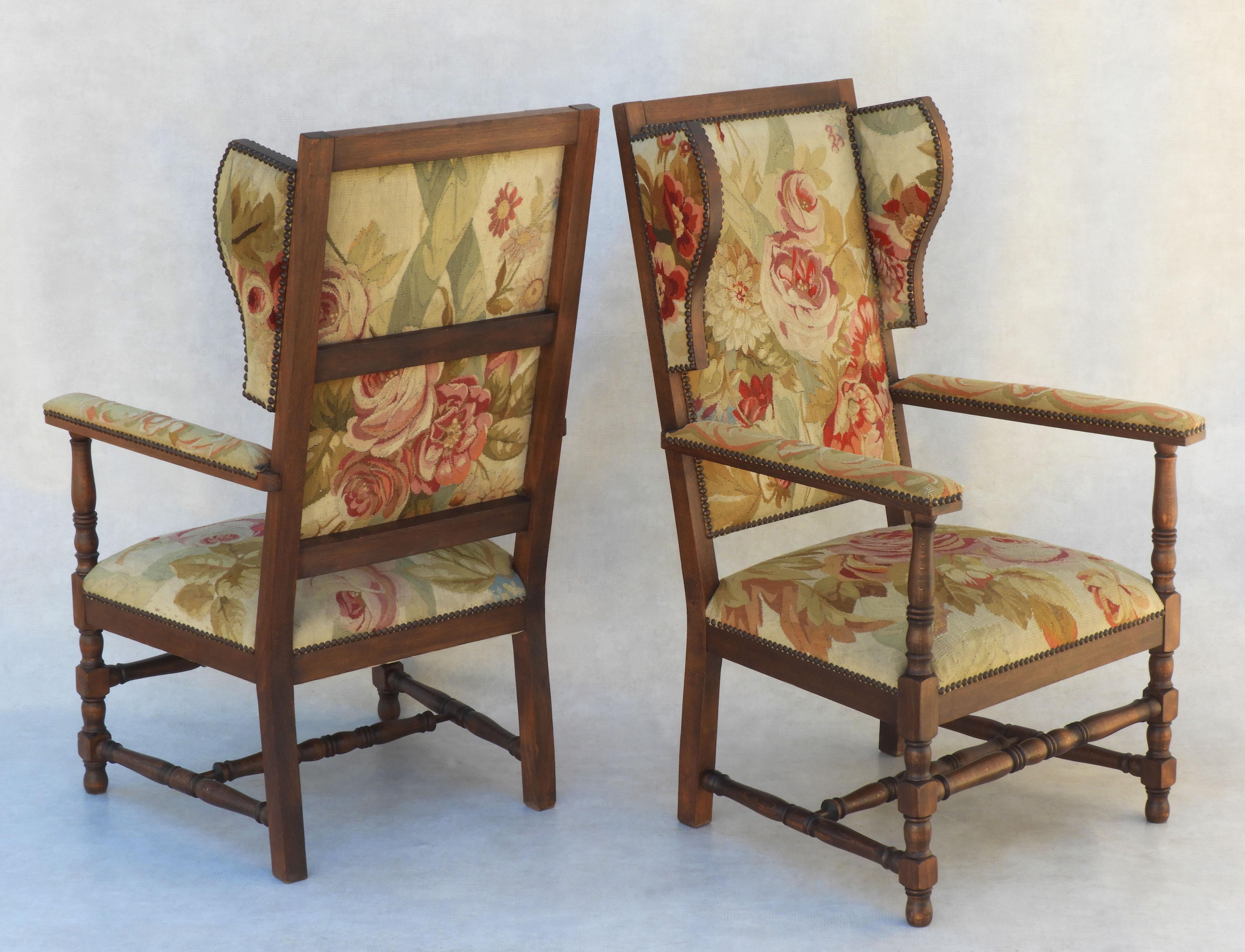 20th Century Pair of French Provincial Oak and Tapestry Wing back Armchairs For Sale