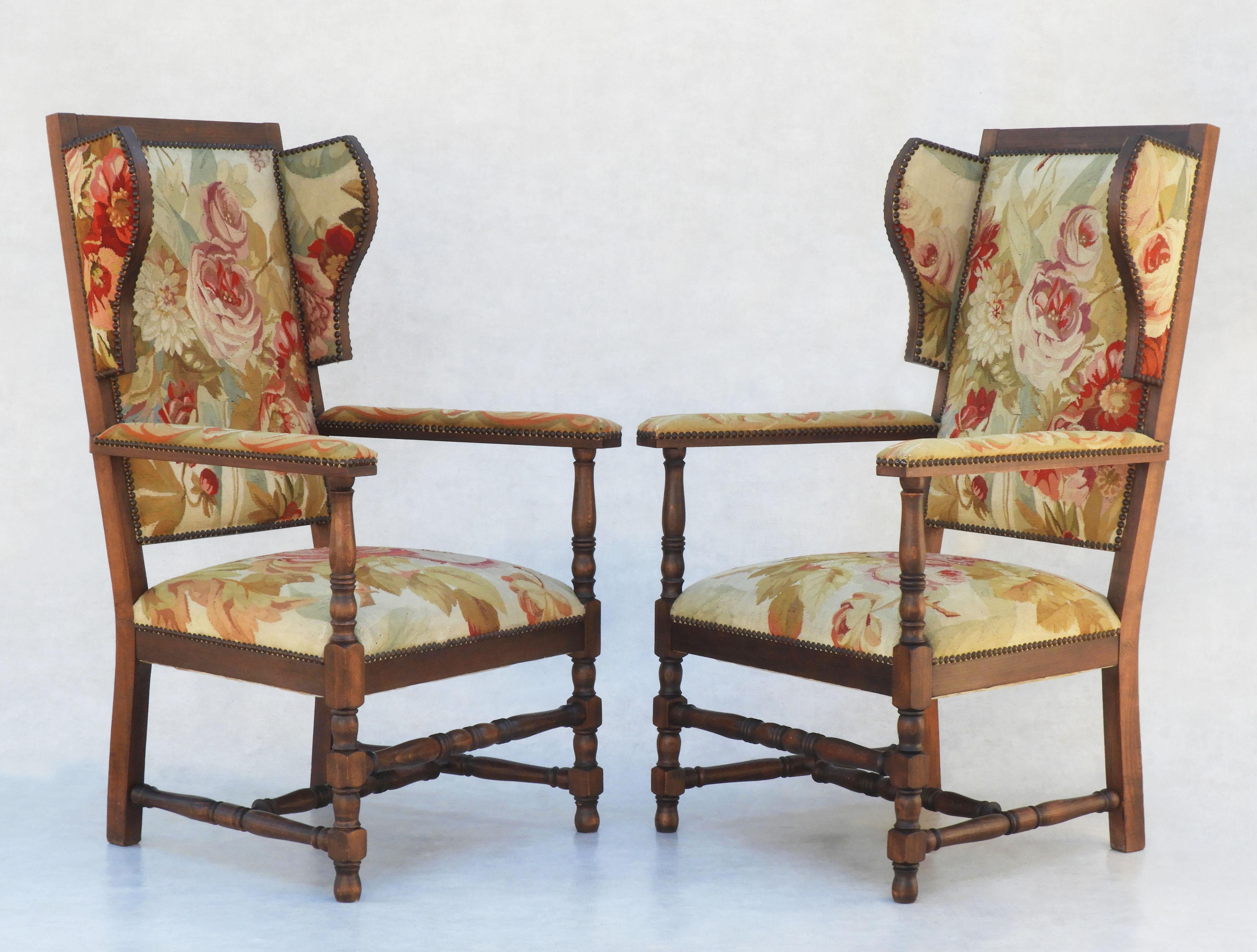 Pair of French Provincial Oak and Tapestry Wing back Armchairs For Sale 1