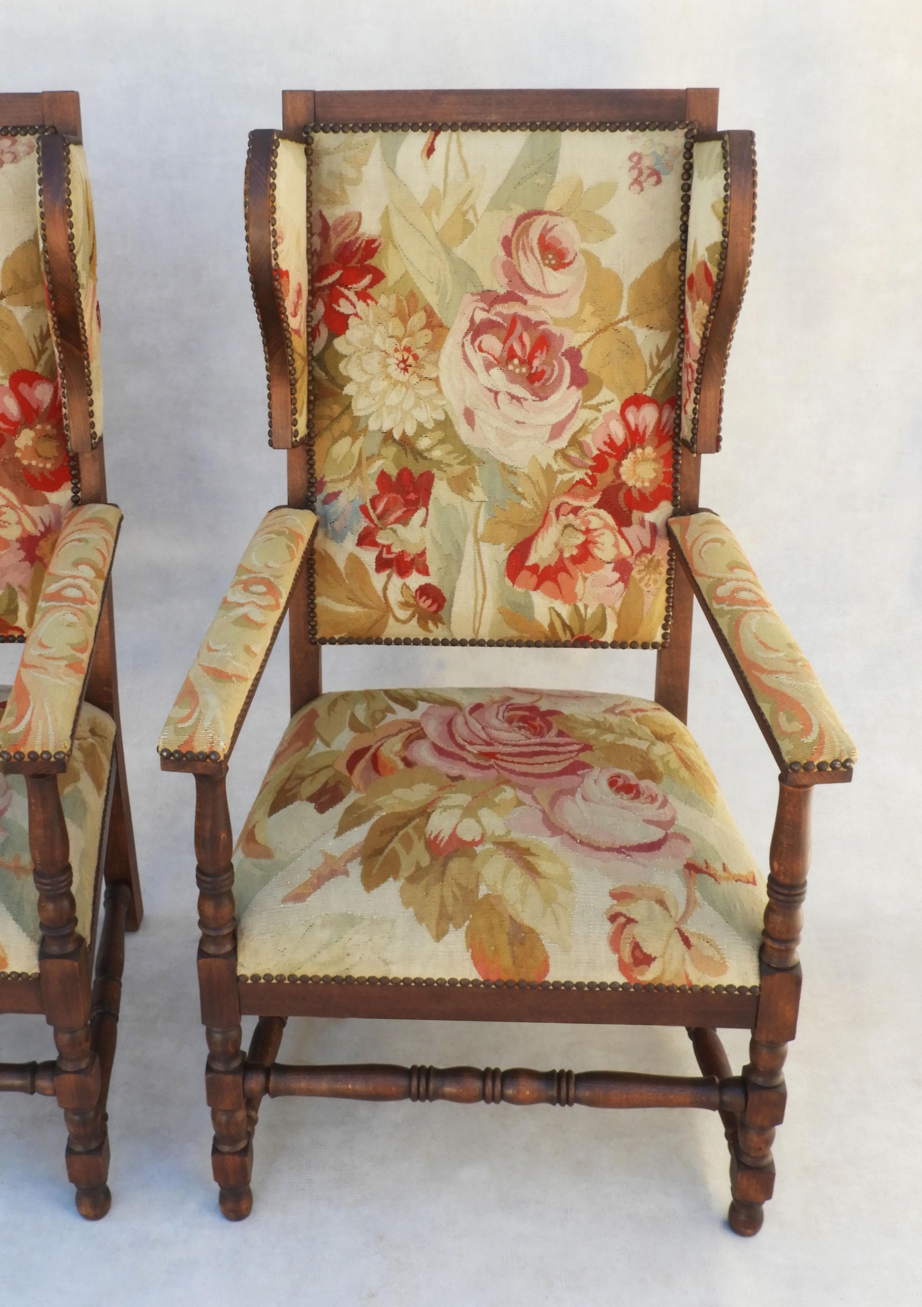 Pair of French Provincial Oak and Tapestry Wing back Armchairs For Sale 3