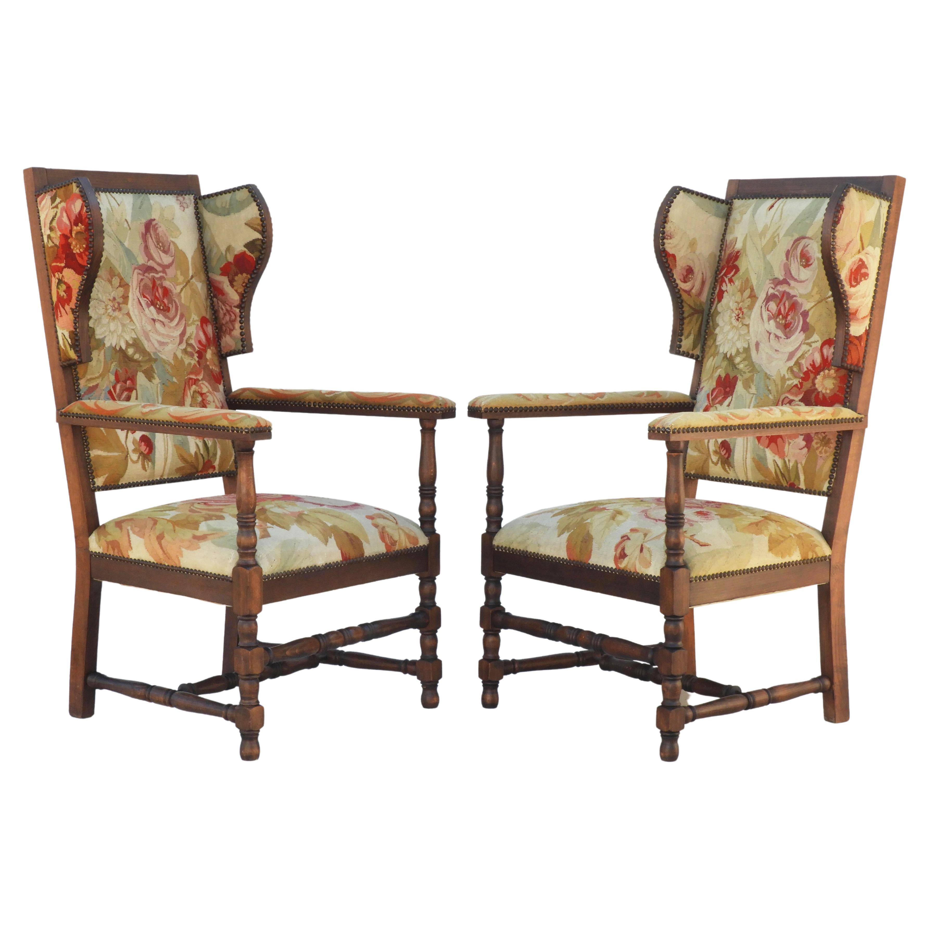 Pair of French Provincial Oak and Tapestry Wing back Armchairs For Sale