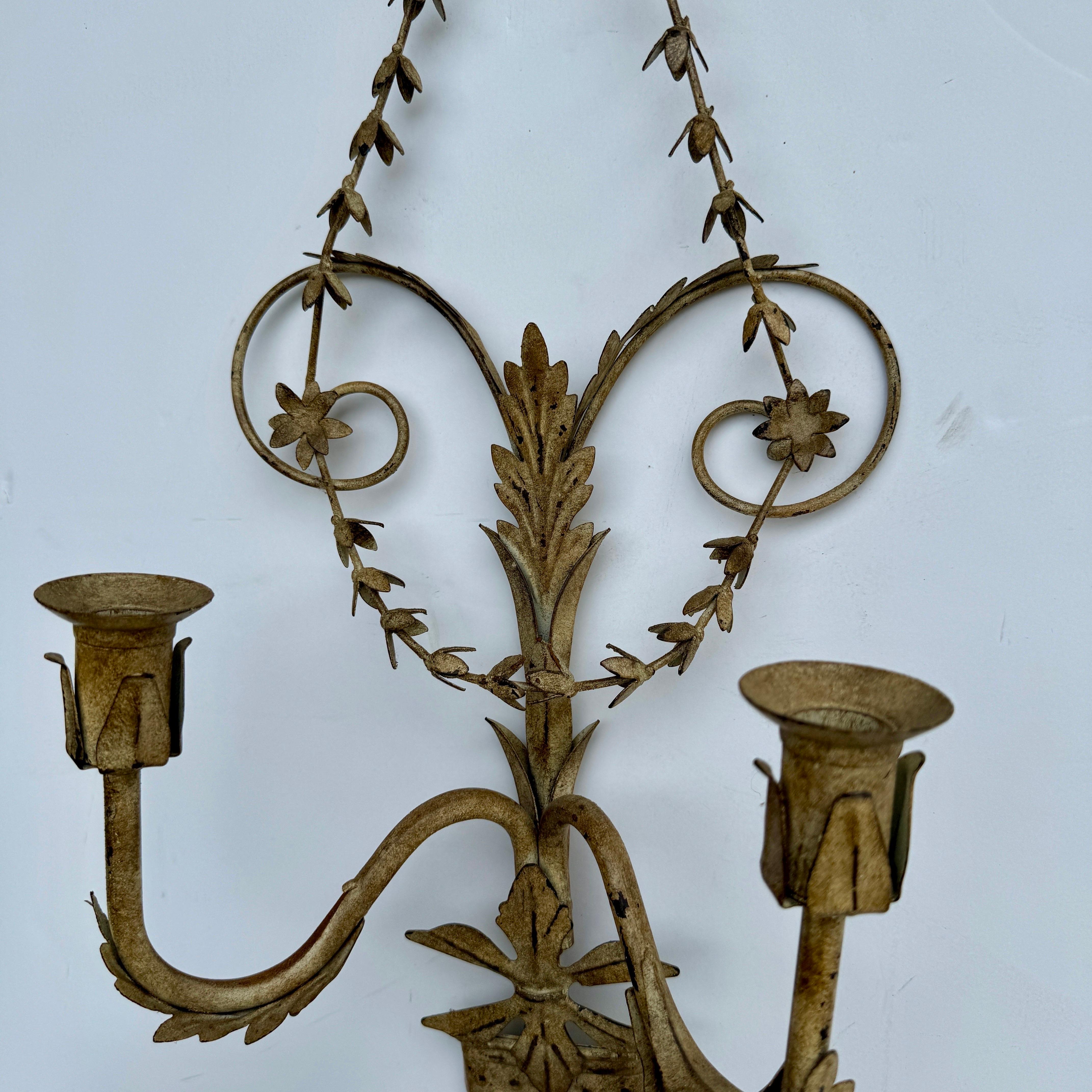 Hand-Crafted Pair of French Provincial Wall Candle Sconces For Sale
