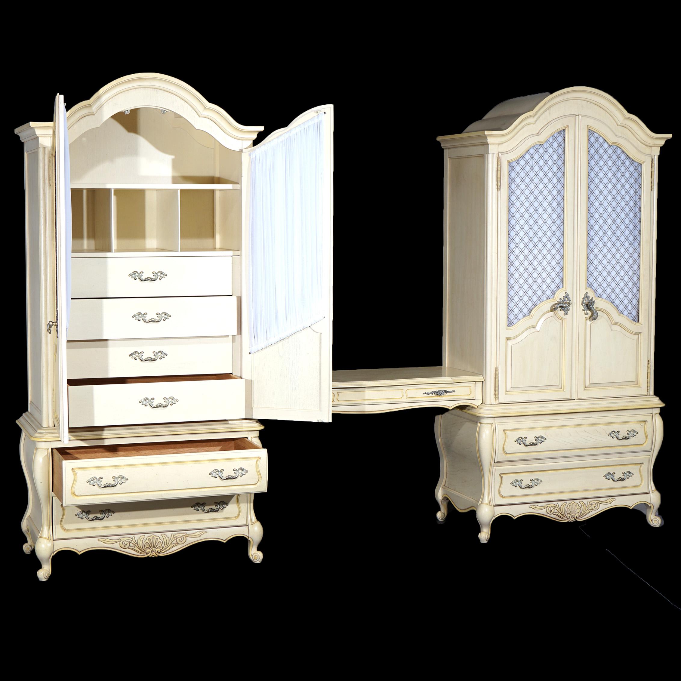 ***Ask About Reduced In-House Shipping Rates - Reliable Service & Fully Insured***
A pair of French Provincial wardrobes by Hickory offers painted wood construction with double doors having curtains and metal lattice facing and opening to interior