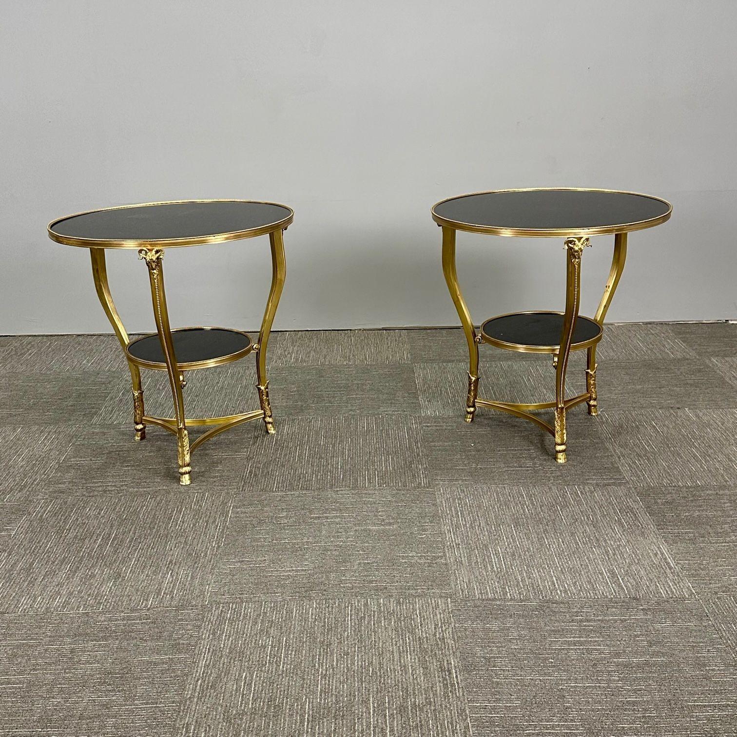 European Pair of French Rams Head Gueridon, End or Side Tables, Black Marble Top, Bronze For Sale