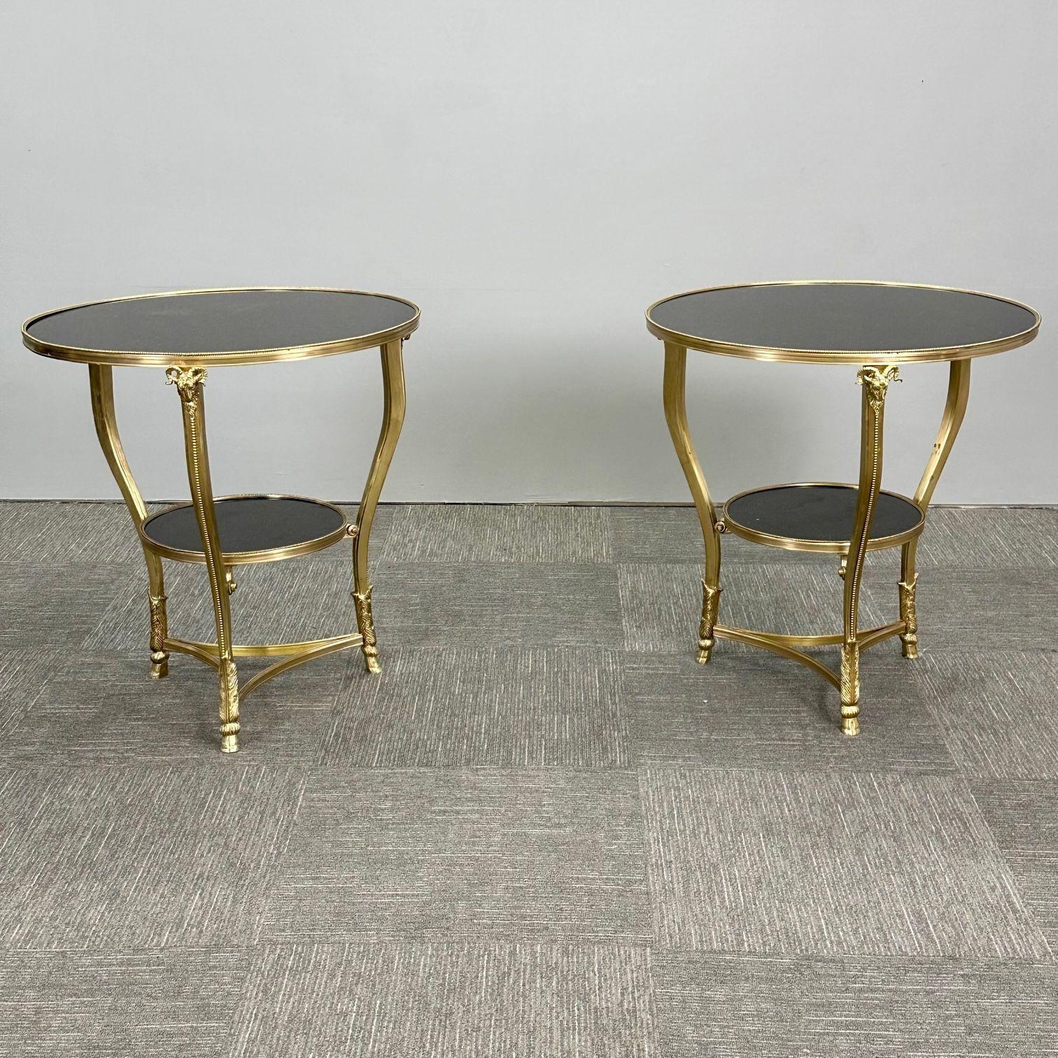 Pair of French Rams Head Gueridon, End or Side Tables, Black Marble Top, Bronze In Good Condition For Sale In Stamford, CT