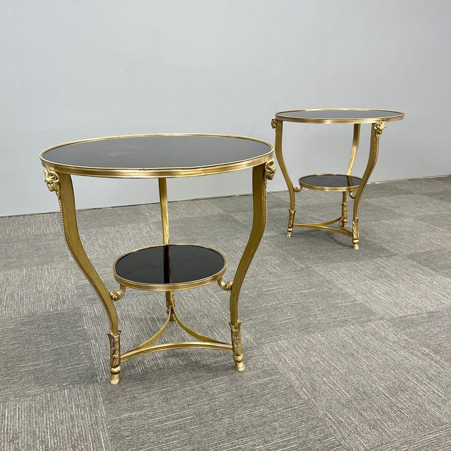 Mid-20th Century Pair of French Rams Head Gueridon, End or Side Tables, Black Marble Top, Bronze For Sale