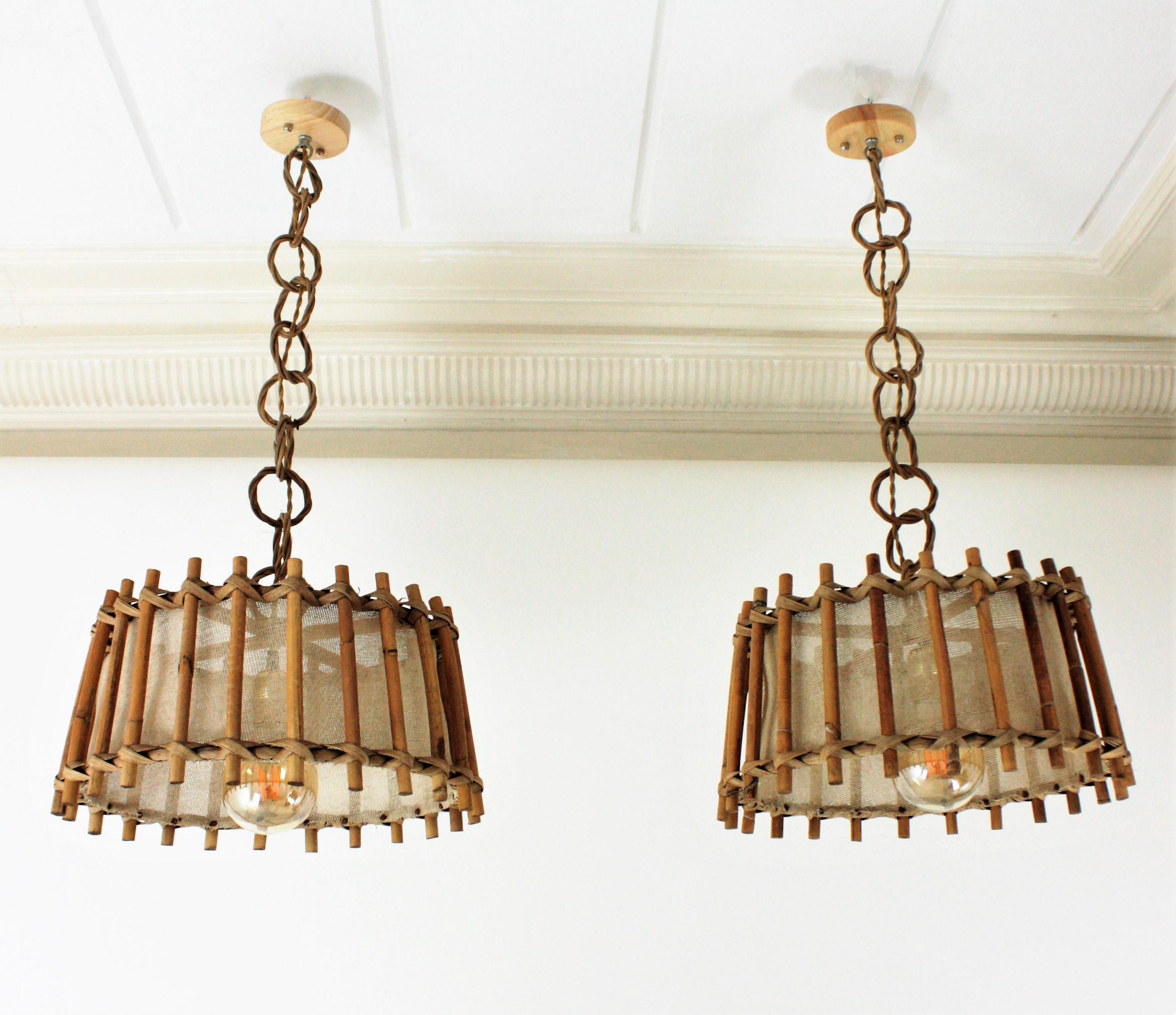 Pair of French Rattan and Burlap Pendant Hanging Lamps, 1960s 4