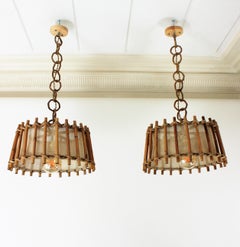 Pair of French Rattan and Burlap Pendant Hanging Lamps, 1960s