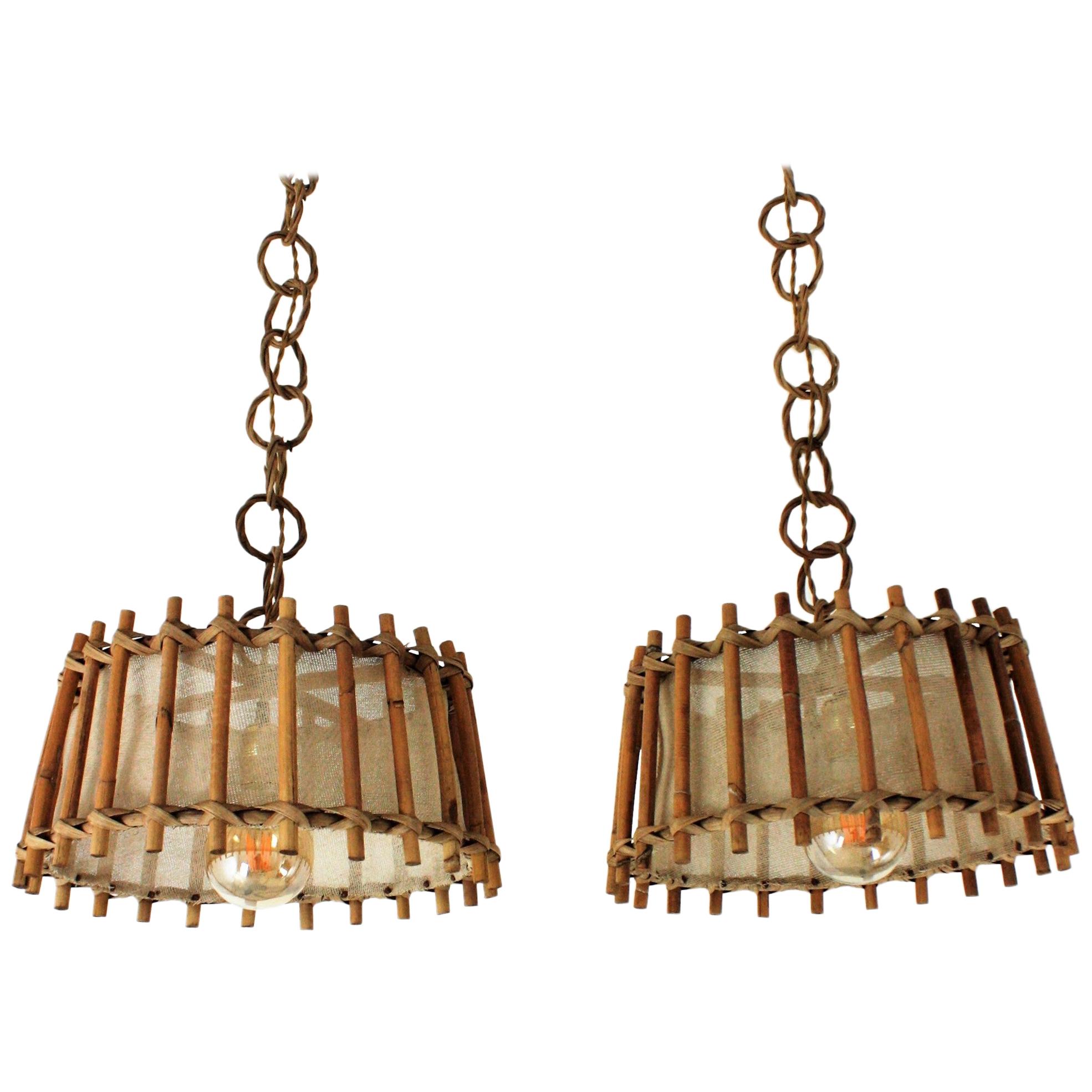 Pair of French Rattan and Burlap Pendant Hanging Lamps, 1960s