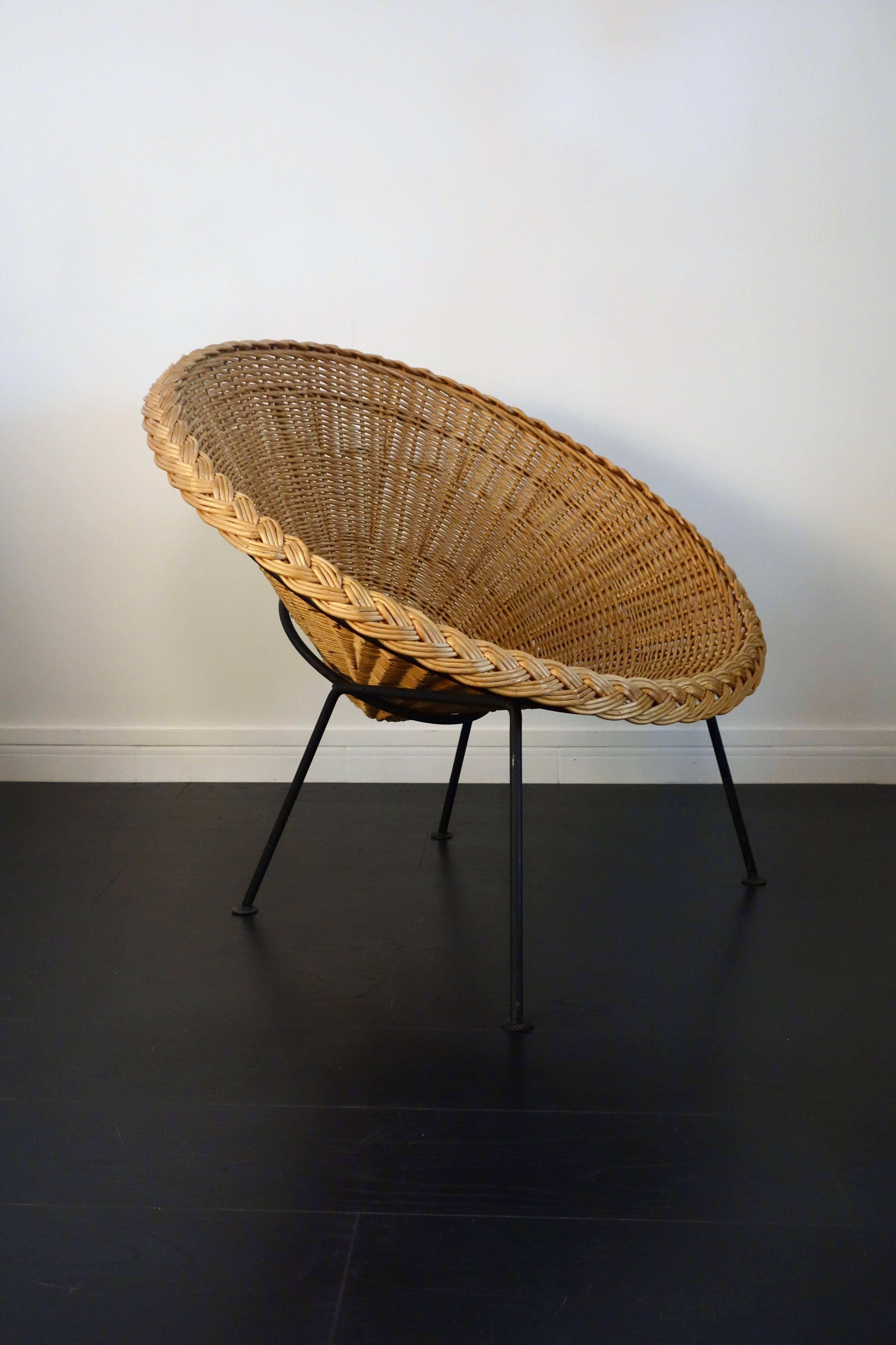 European Pair of French Rattan Baskets Armchairs, 1950s