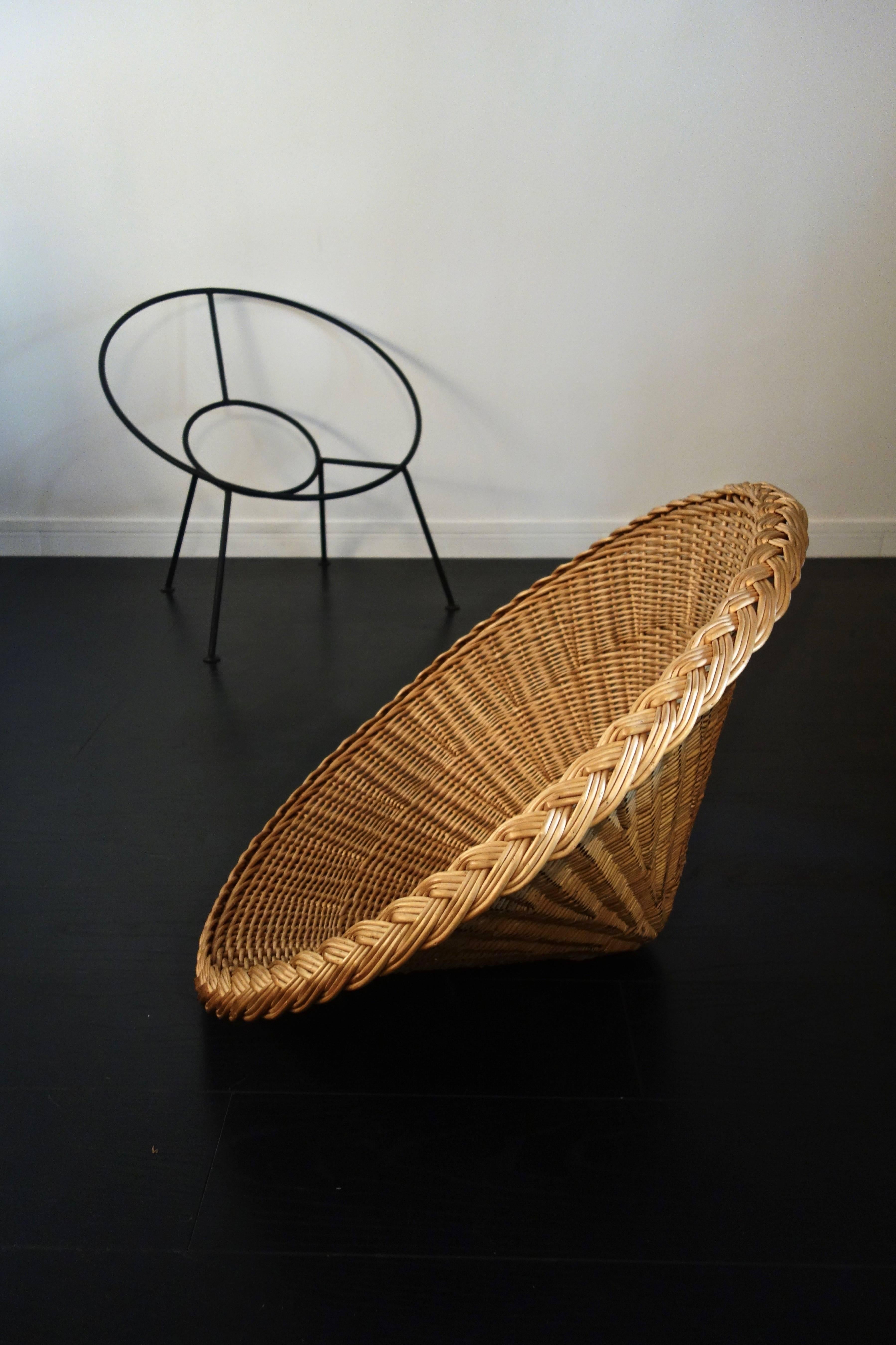 Metal Pair of French Rattan Baskets Armchairs, 1950s
