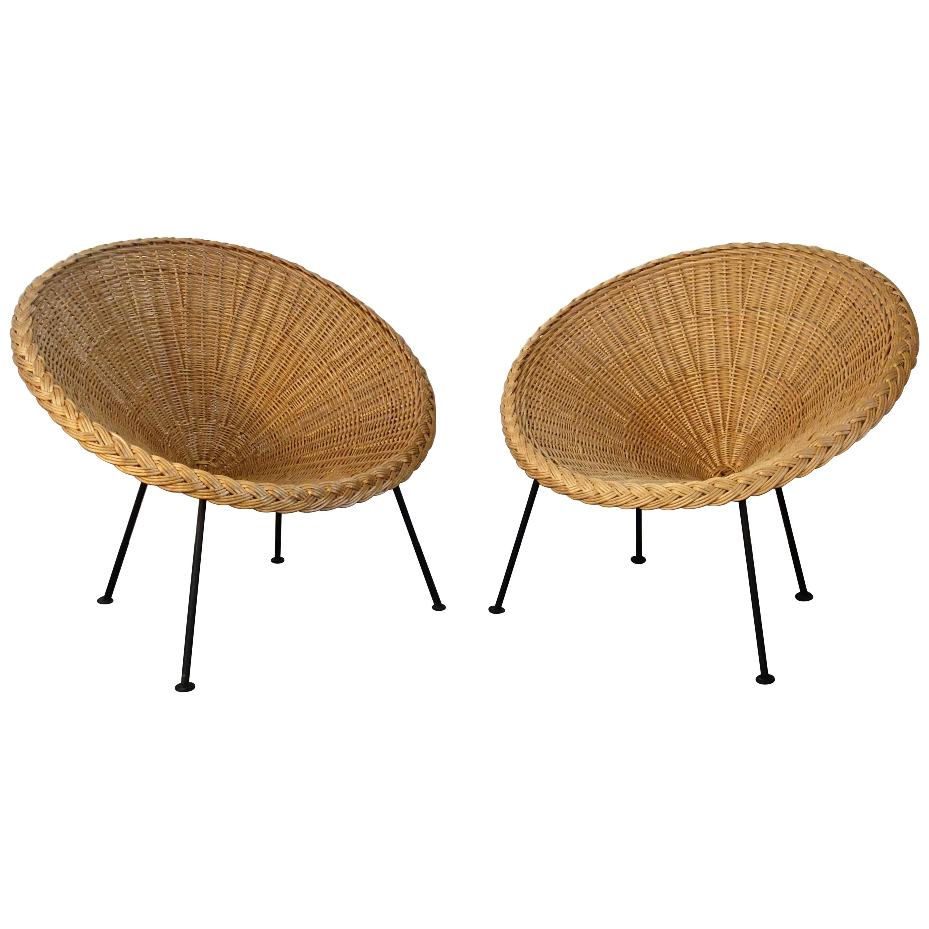 Pair of French Rattan Baskets Armchairs, 1950s