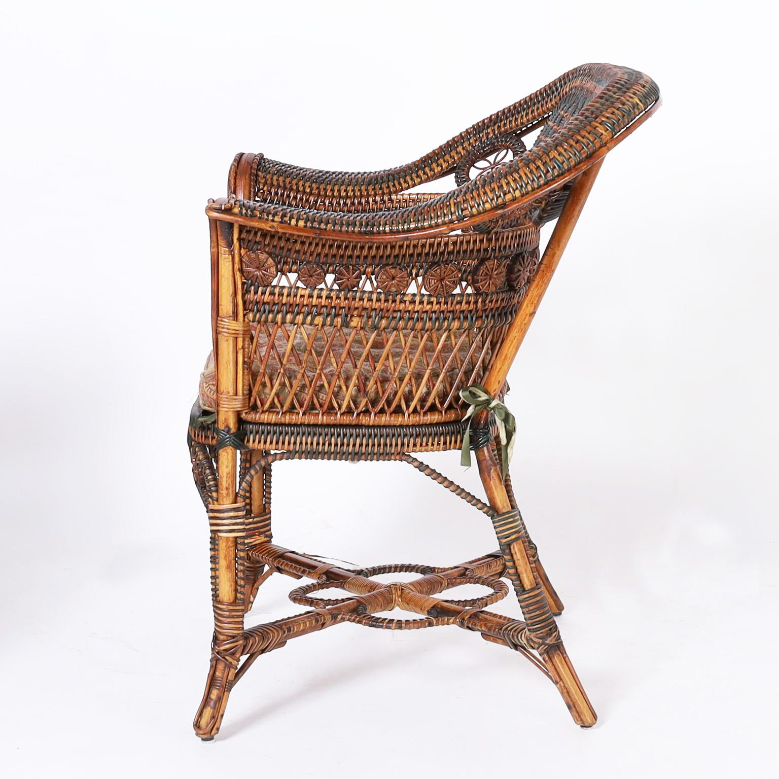Hand-Crafted Pair of French Rattan Cafe Chairs For Sale