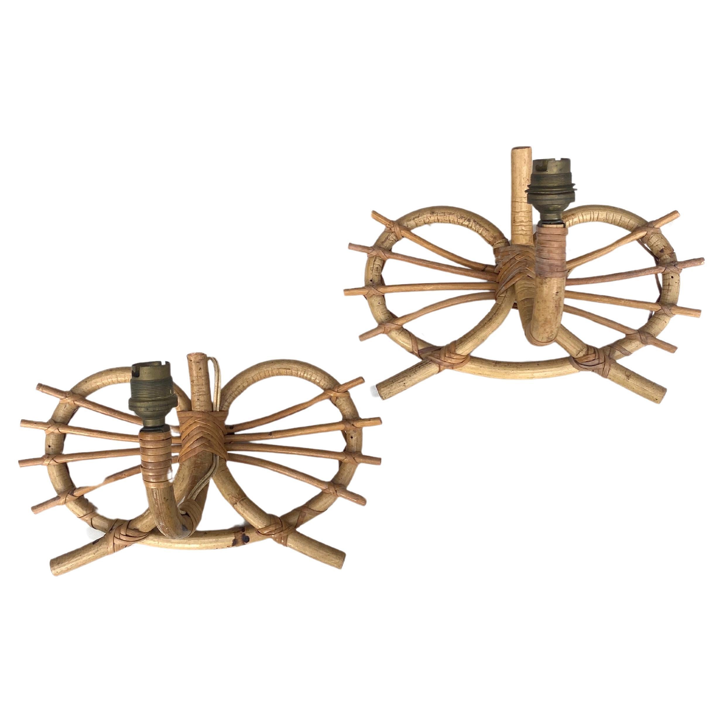 Pair of French Rattan Heart Shaped Sconces Louis Sognot, Circa 1950 For Sale