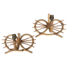 Pair of French Rattan Heart Shaped Sconces Louis Sognot, Circa 1950