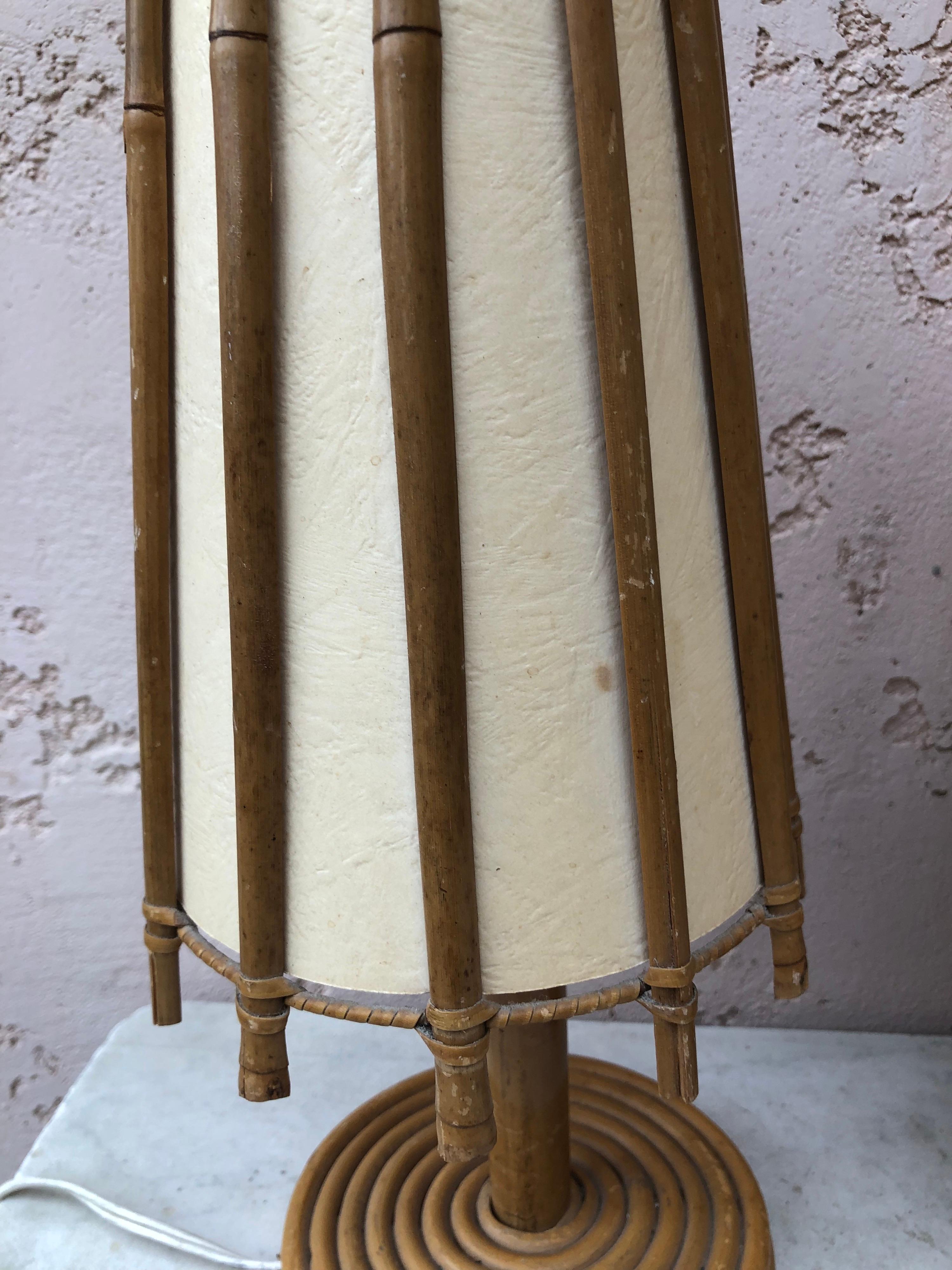 Mid-Century Modern Pair of French Rattan Lamps Louis Sognot, Circa 1950