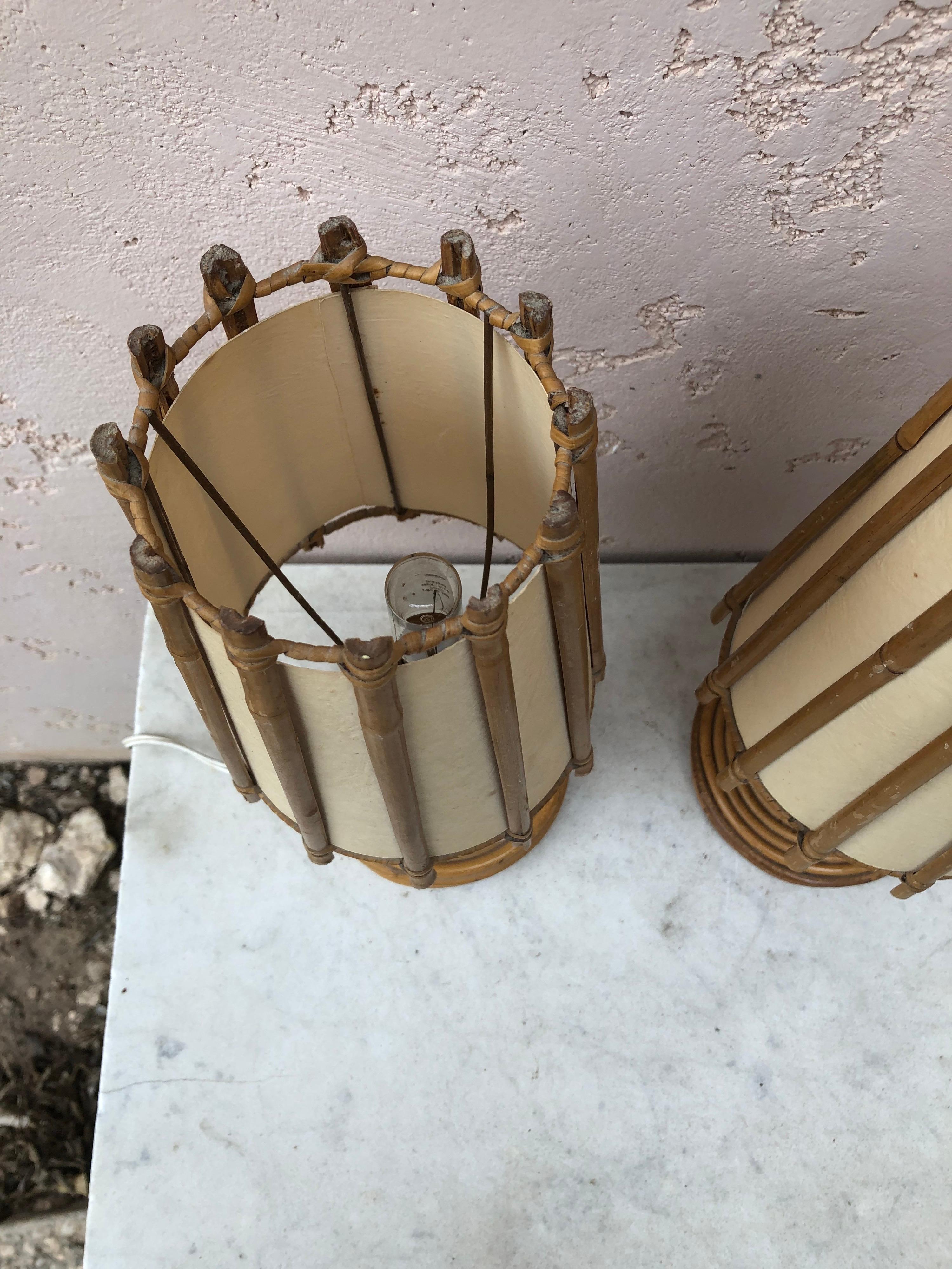 Pair of French Rattan Lamps Louis Sognot, Circa 1950 In Good Condition In Austin, TX