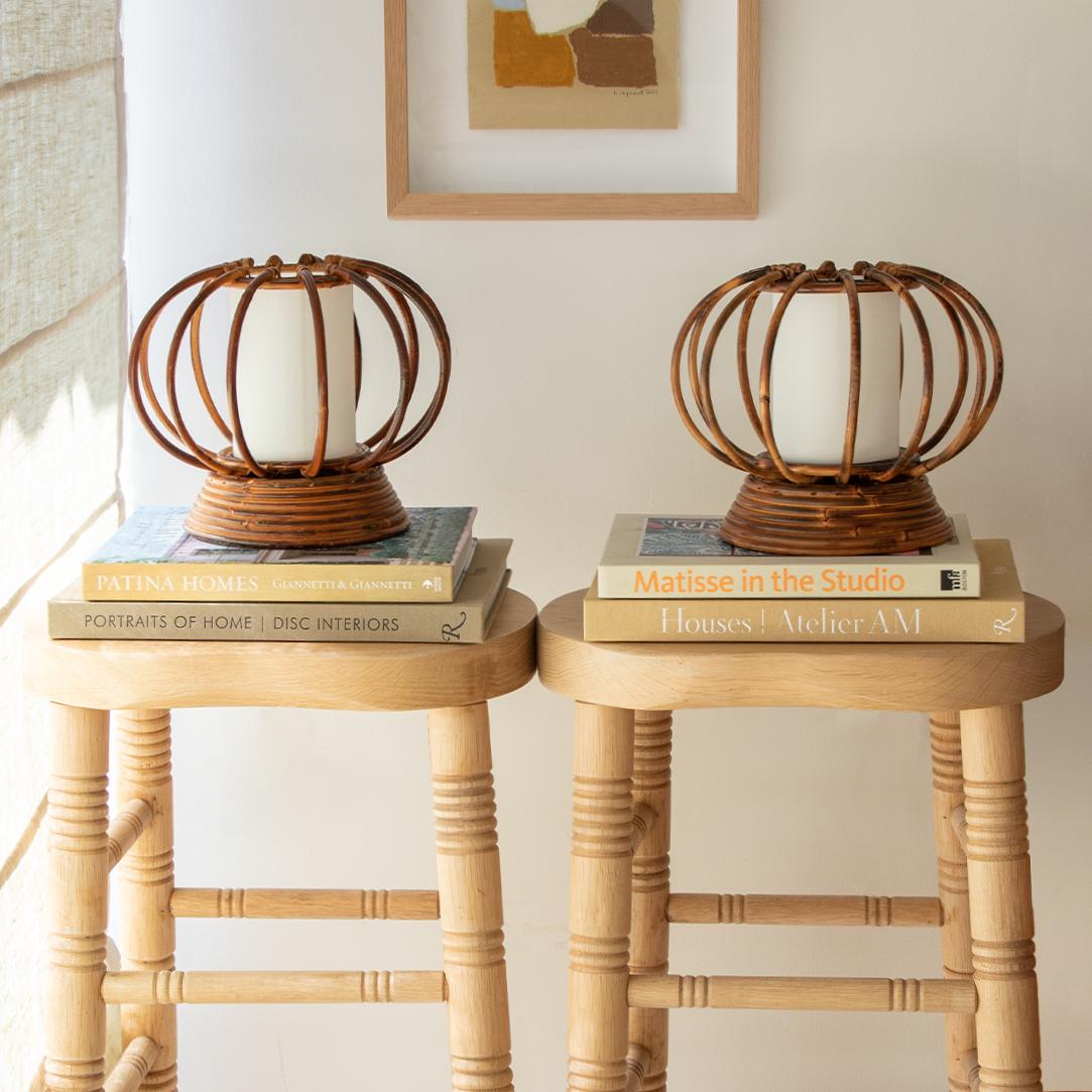 Pair of French Rattan Orb Table Lamps In Good Condition In Los Angeles, CA