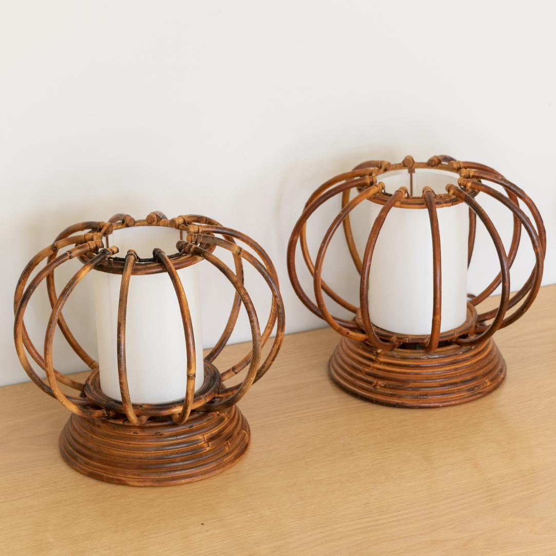 20th Century Pair of French Rattan Orb Table Lamps