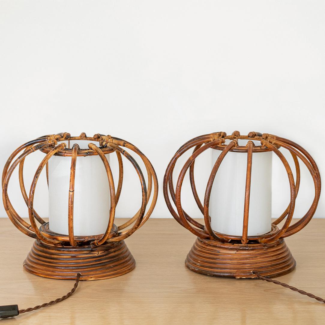 Pair of French Rattan Orb Table Lamps 1