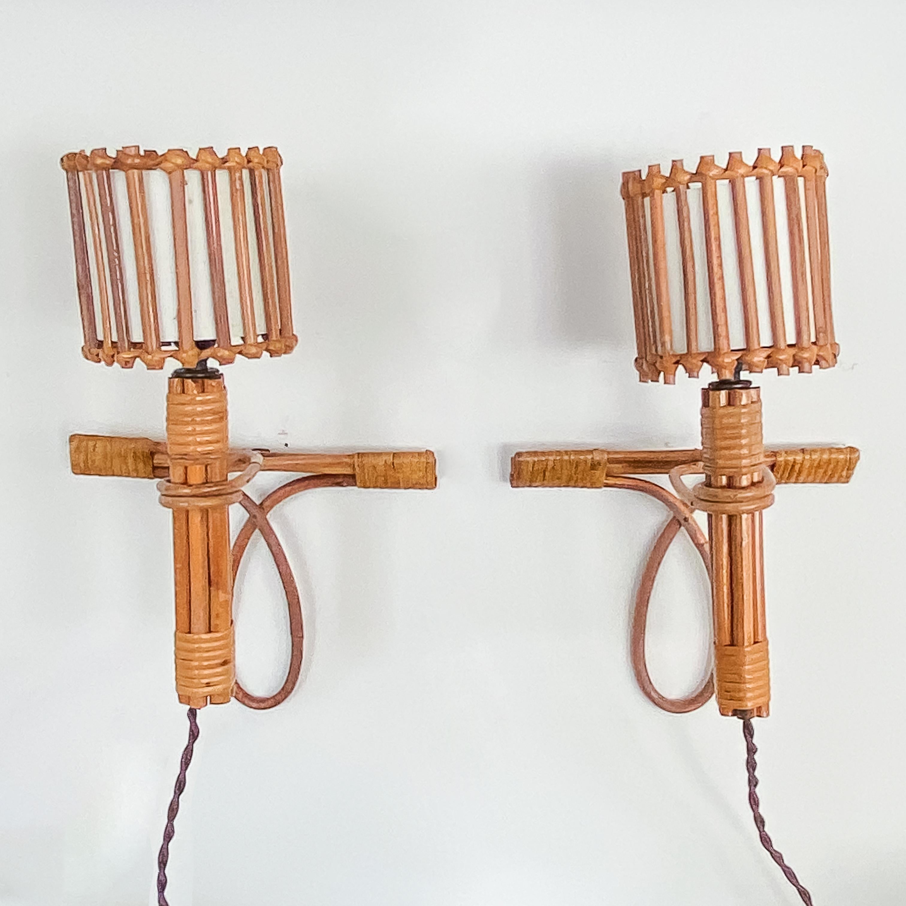 Pair of French Rattan Sconces by Louis Sognot 7