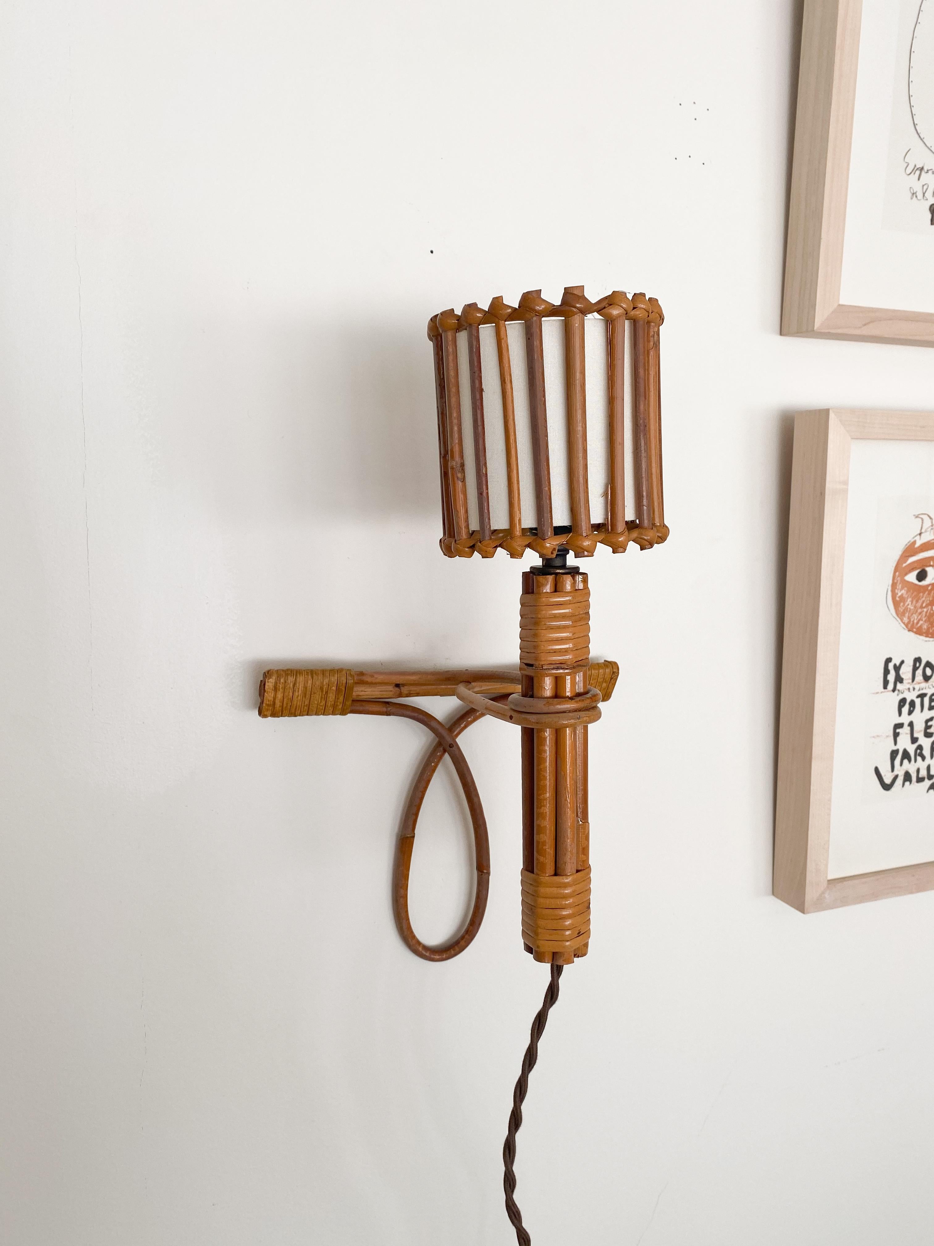 Mid-Century Modern Pair of French Rattan Sconces by Louis Sognot