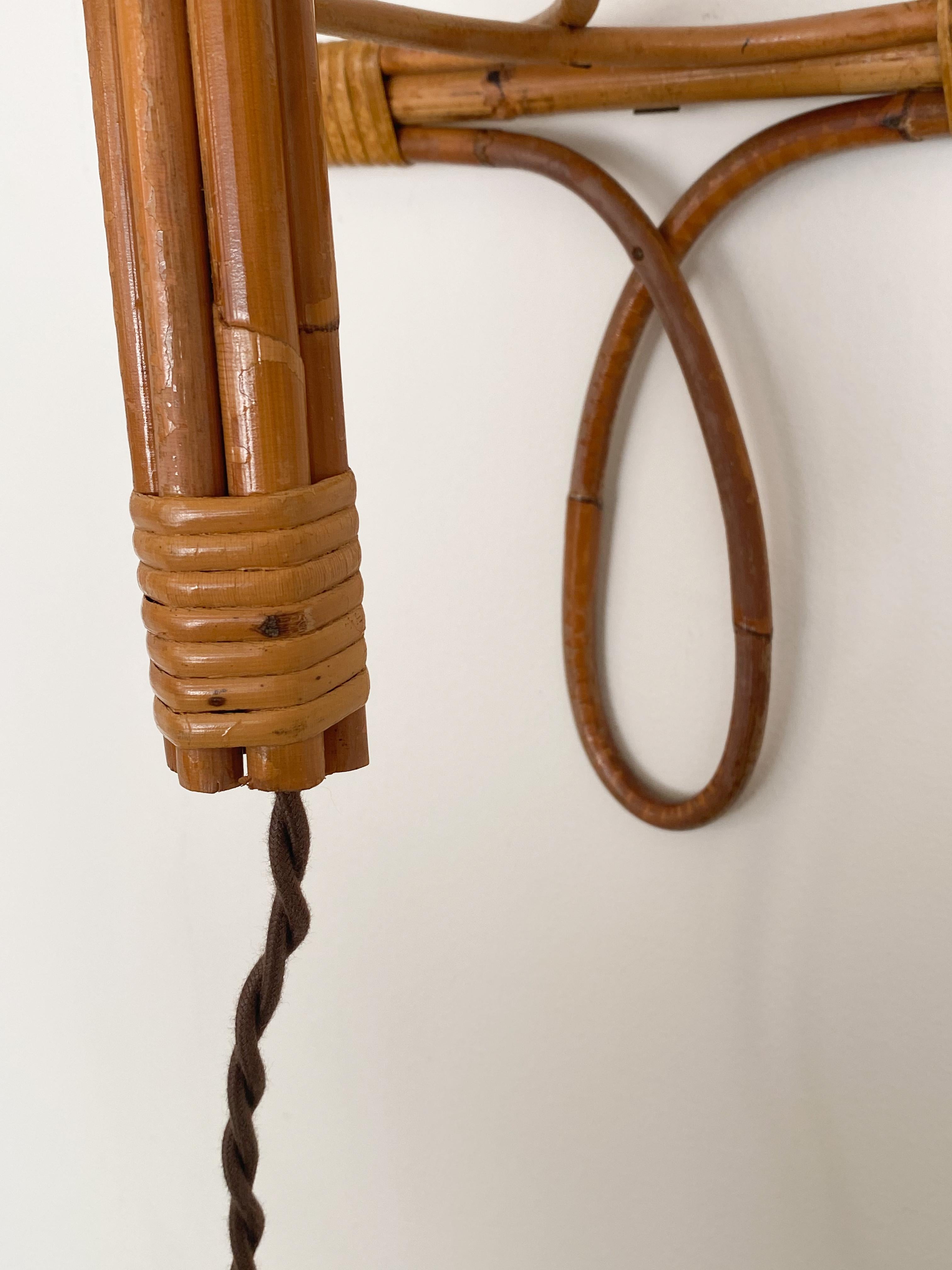 Silk Pair of French Rattan Sconces by Louis Sognot