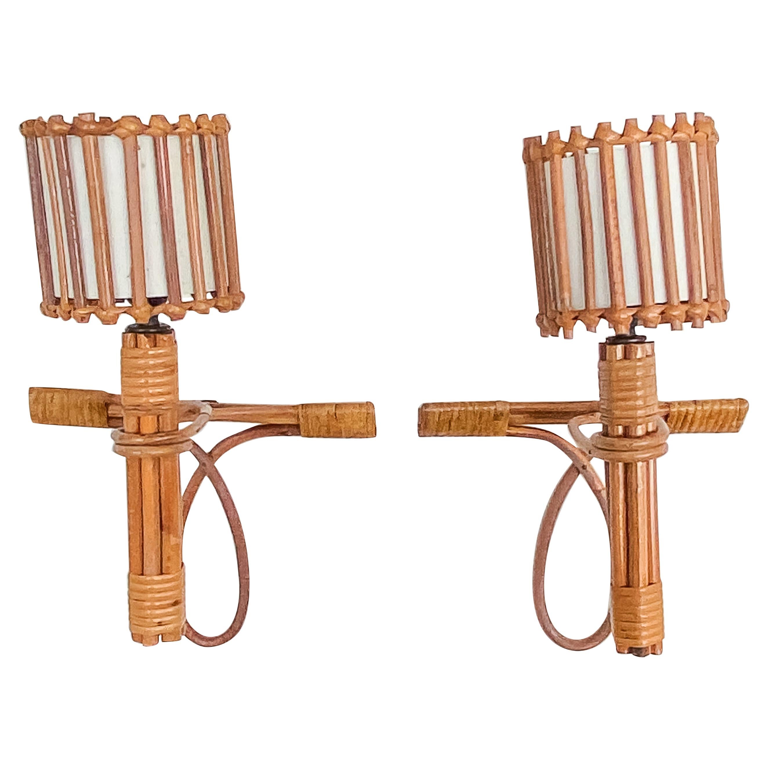 Pair of French Rattan Sconces by Louis Sognot
