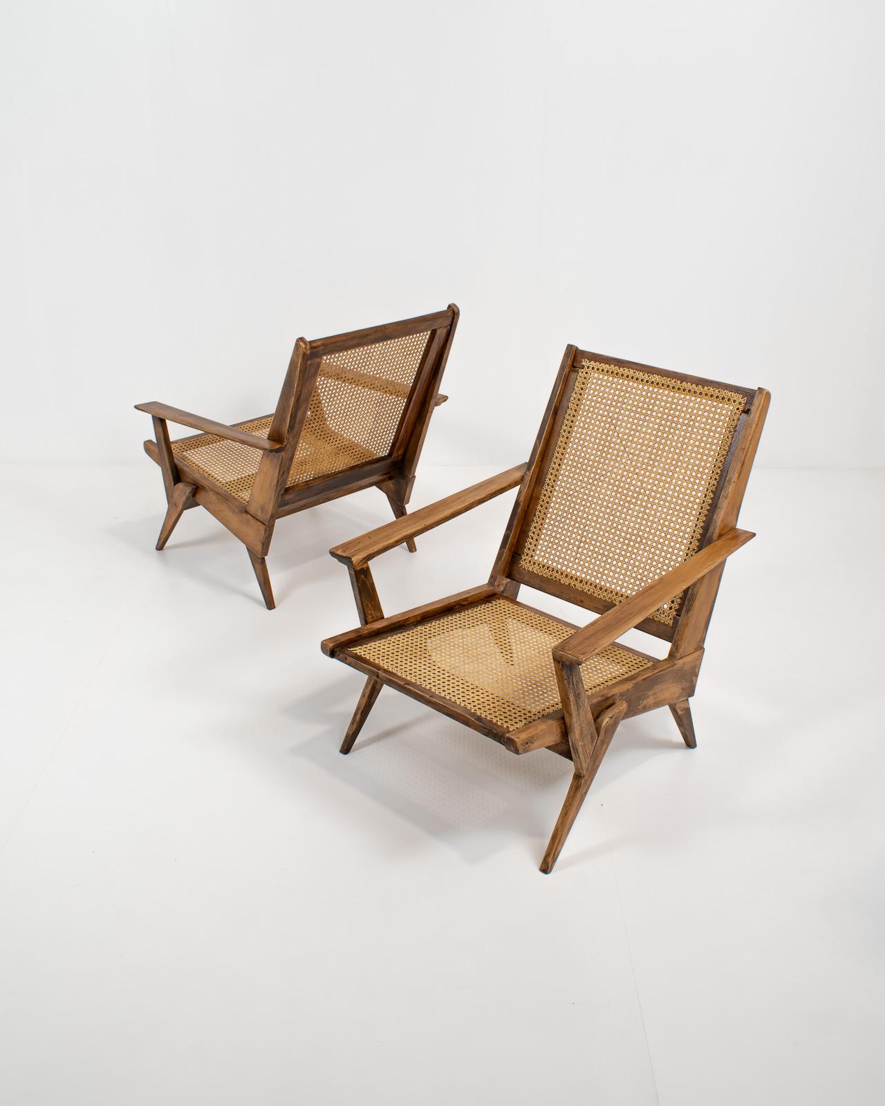 Mid-Century Modern Pair of French Raw Oak and Cane Armchairs, 1950s