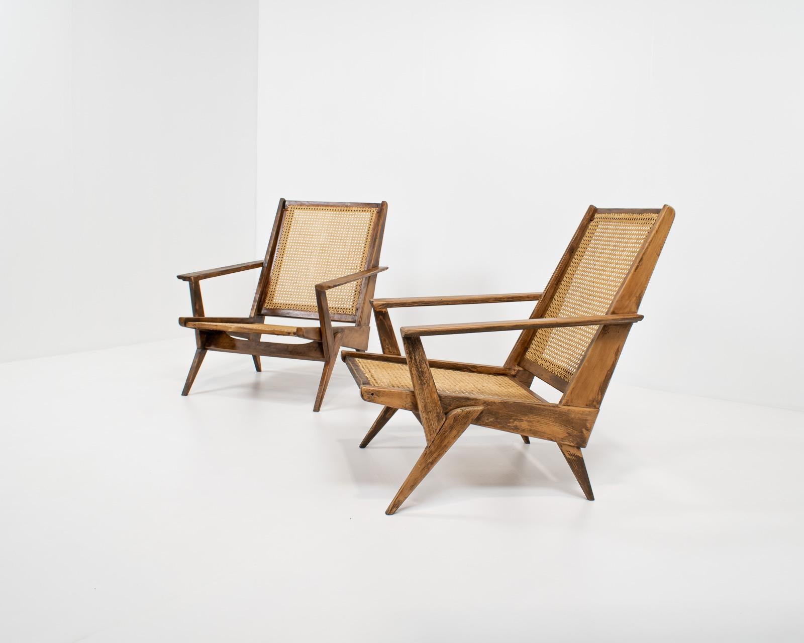 Pair of French Raw Oak and Cane Armchairs, 1950s In Good Condition In Antwerp, BE