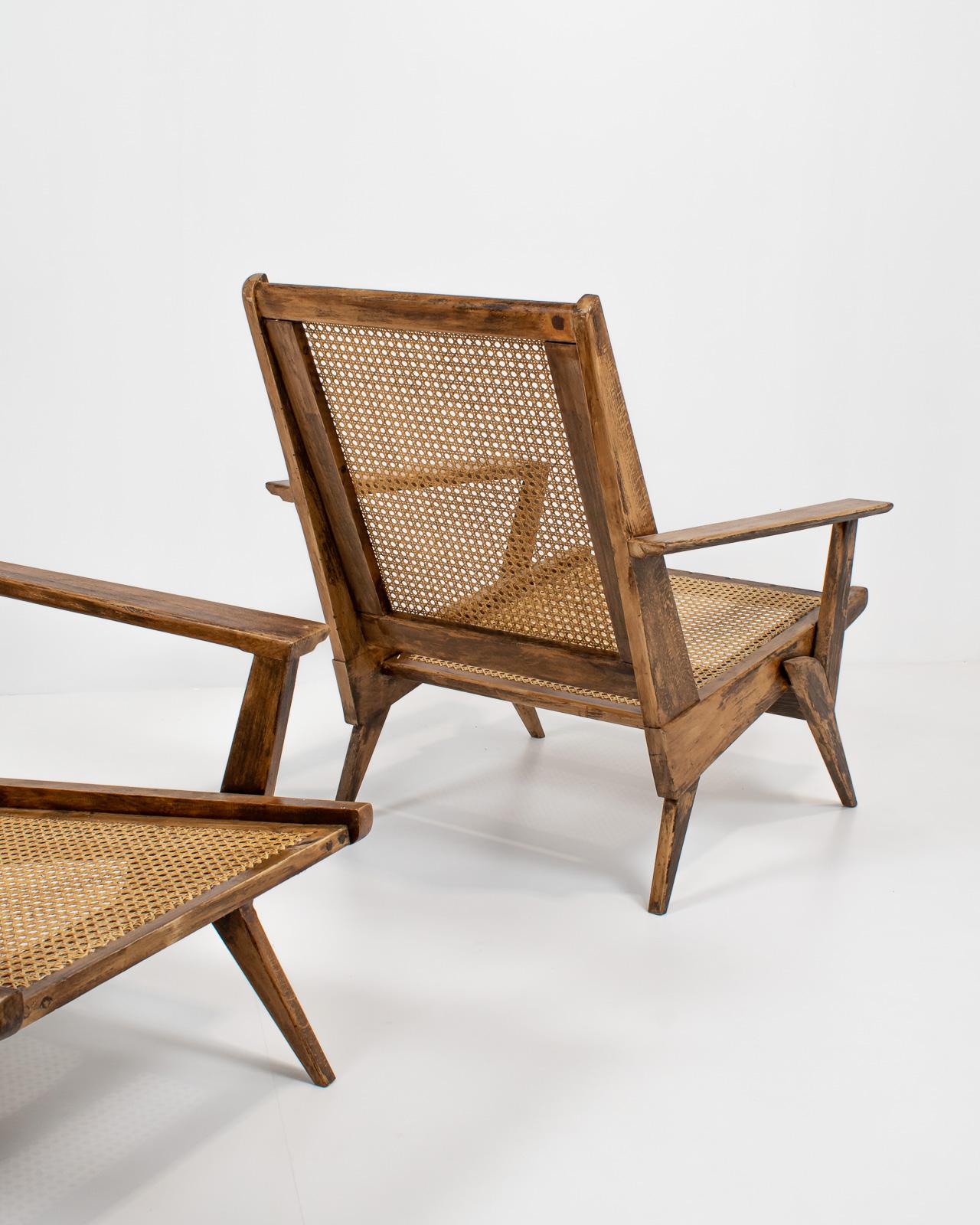Mid-20th Century Pair of French Raw Oak and Cane Armchairs, 1950s