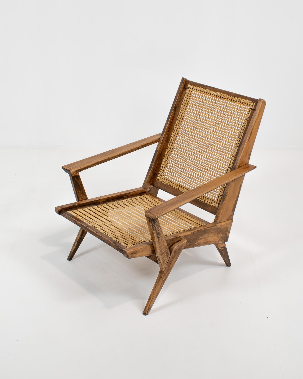 Wood Pair of French Raw Oak and Cane Armchairs, 1950s