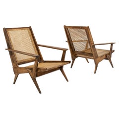 Pair of French Raw Oak and Cane Armchairs, 1950s