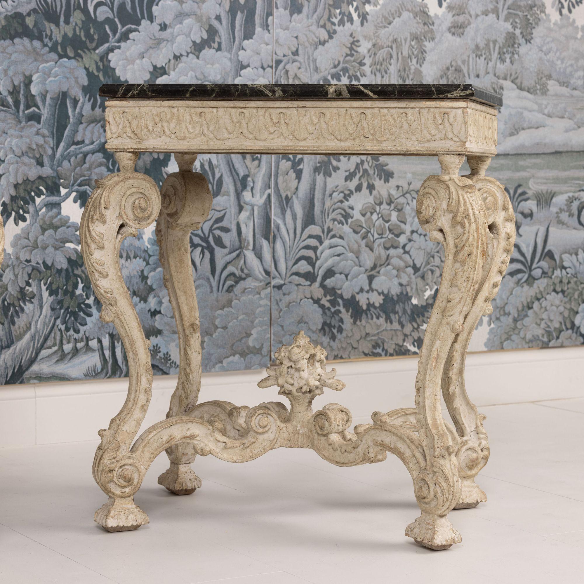 Pair, French Recency Maison Jansen Original Paint Tables with Campan Marble Tops For Sale 7