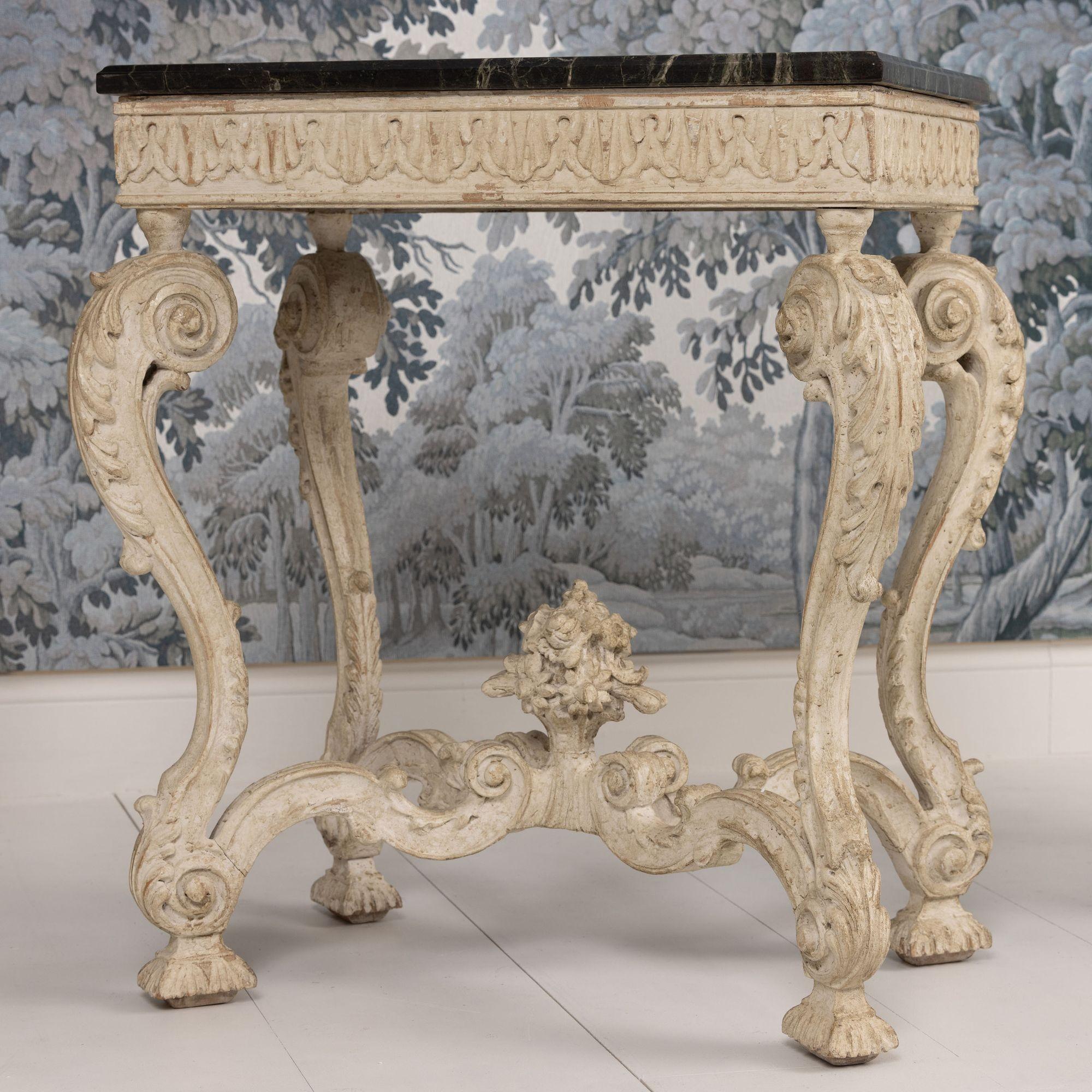 Pair, French Recency Maison Jansen Original Paint Tables with Campan Marble Tops For Sale 8