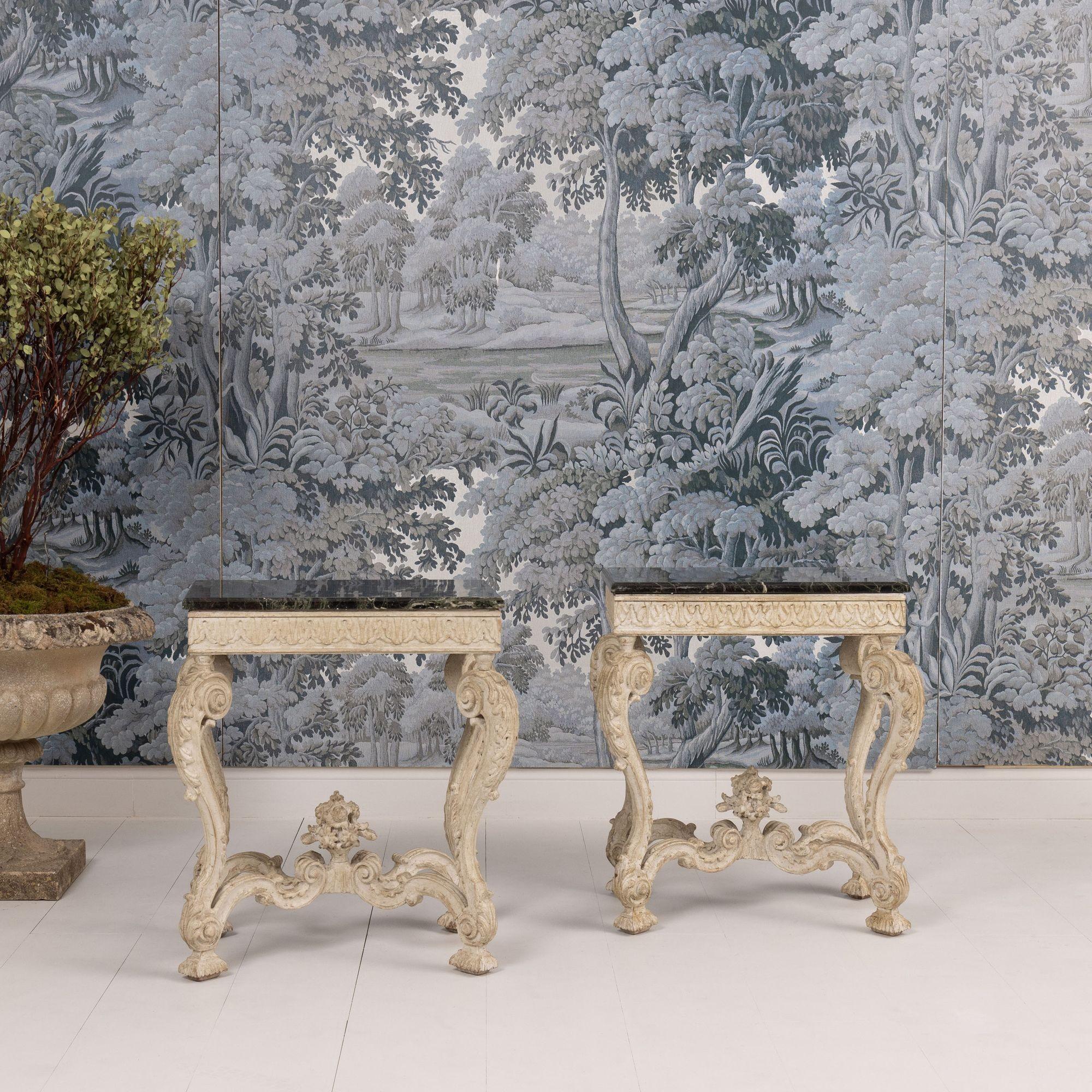 Regency Pair, French Recency Maison Jansen Original Paint Tables with Campan Marble Tops For Sale