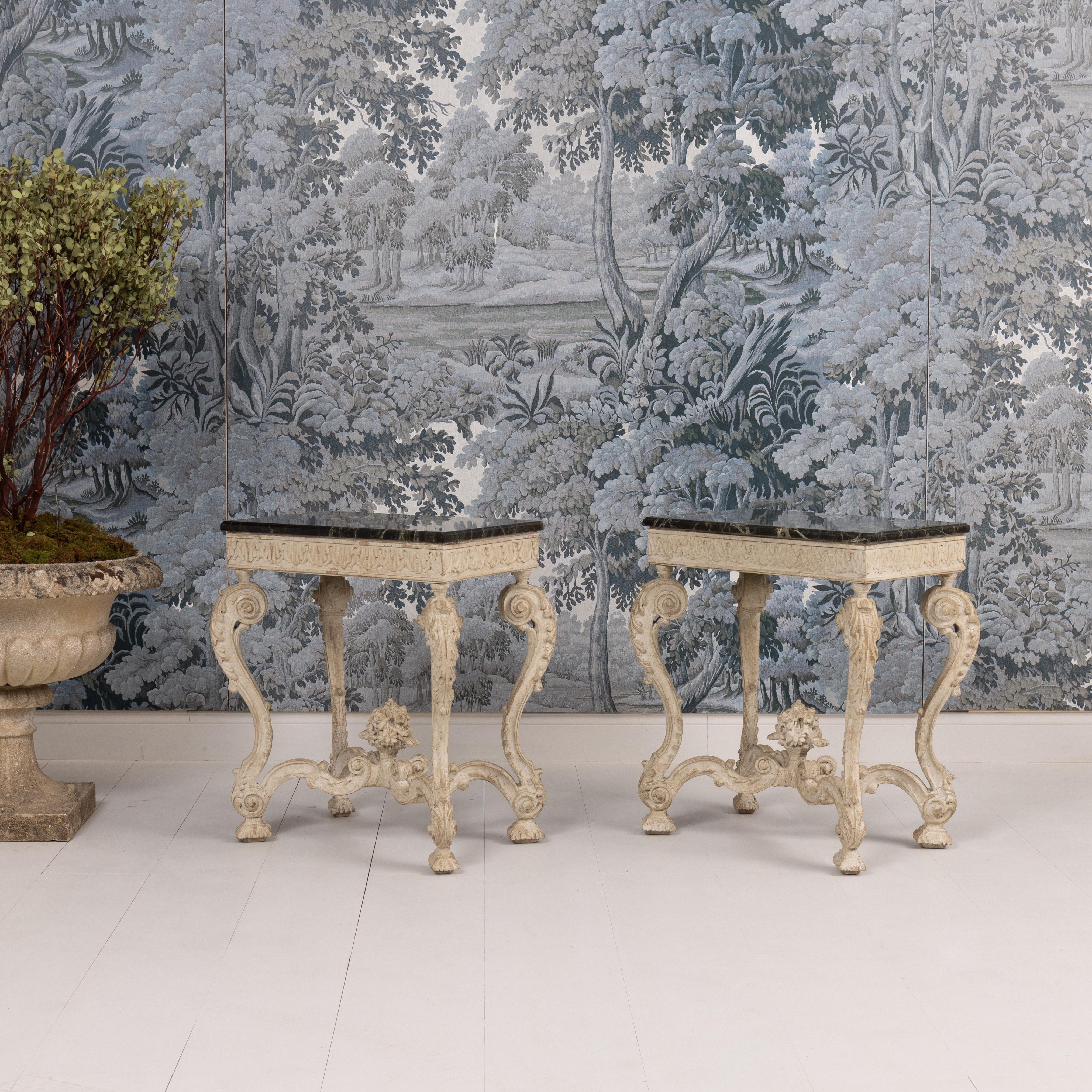 Hand-Crafted Pair, French Recency Maison Jansen Original Paint Tables with Campan Marble Tops For Sale