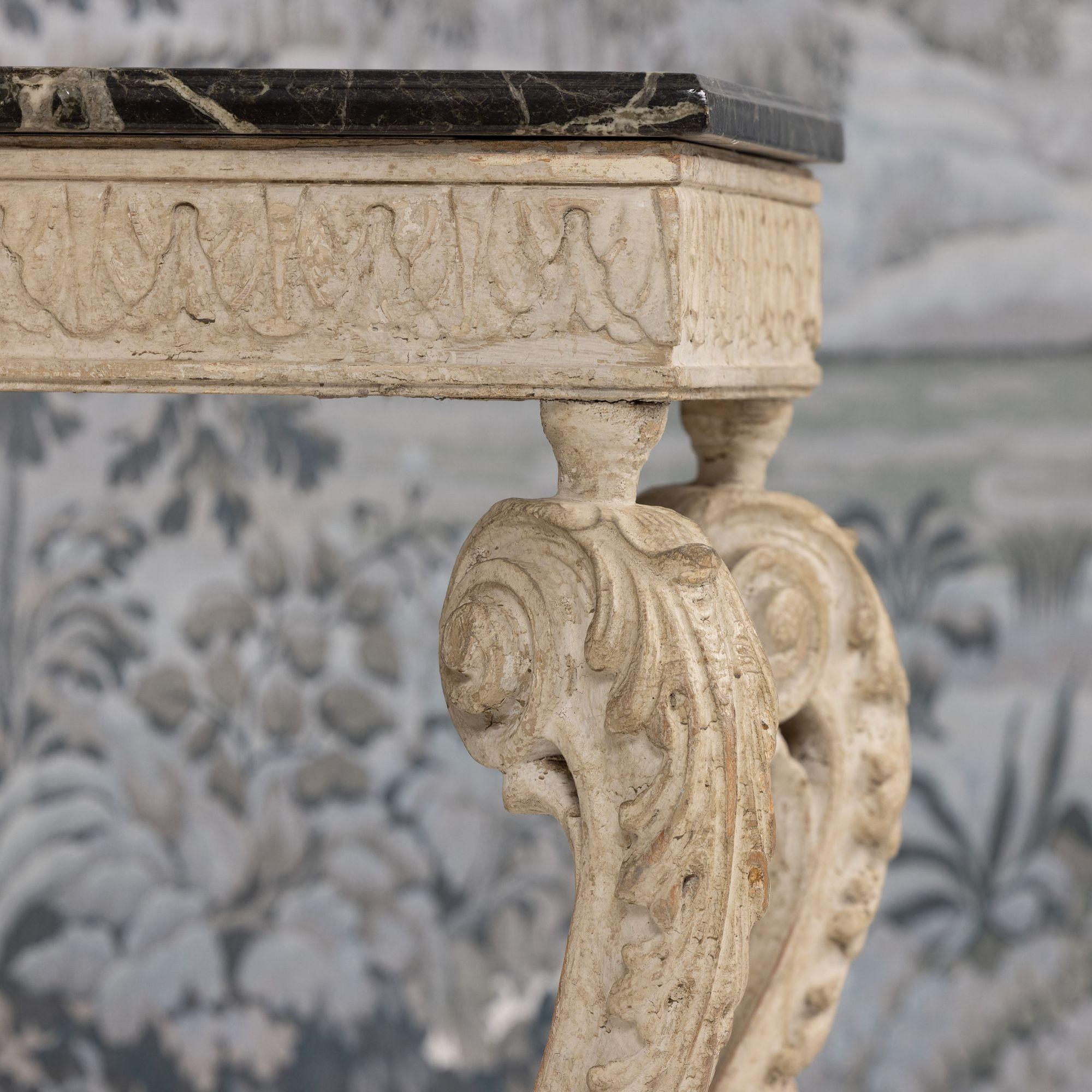 Pair, French Recency Maison Jansen Original Paint Tables with Campan Marble Tops For Sale 1