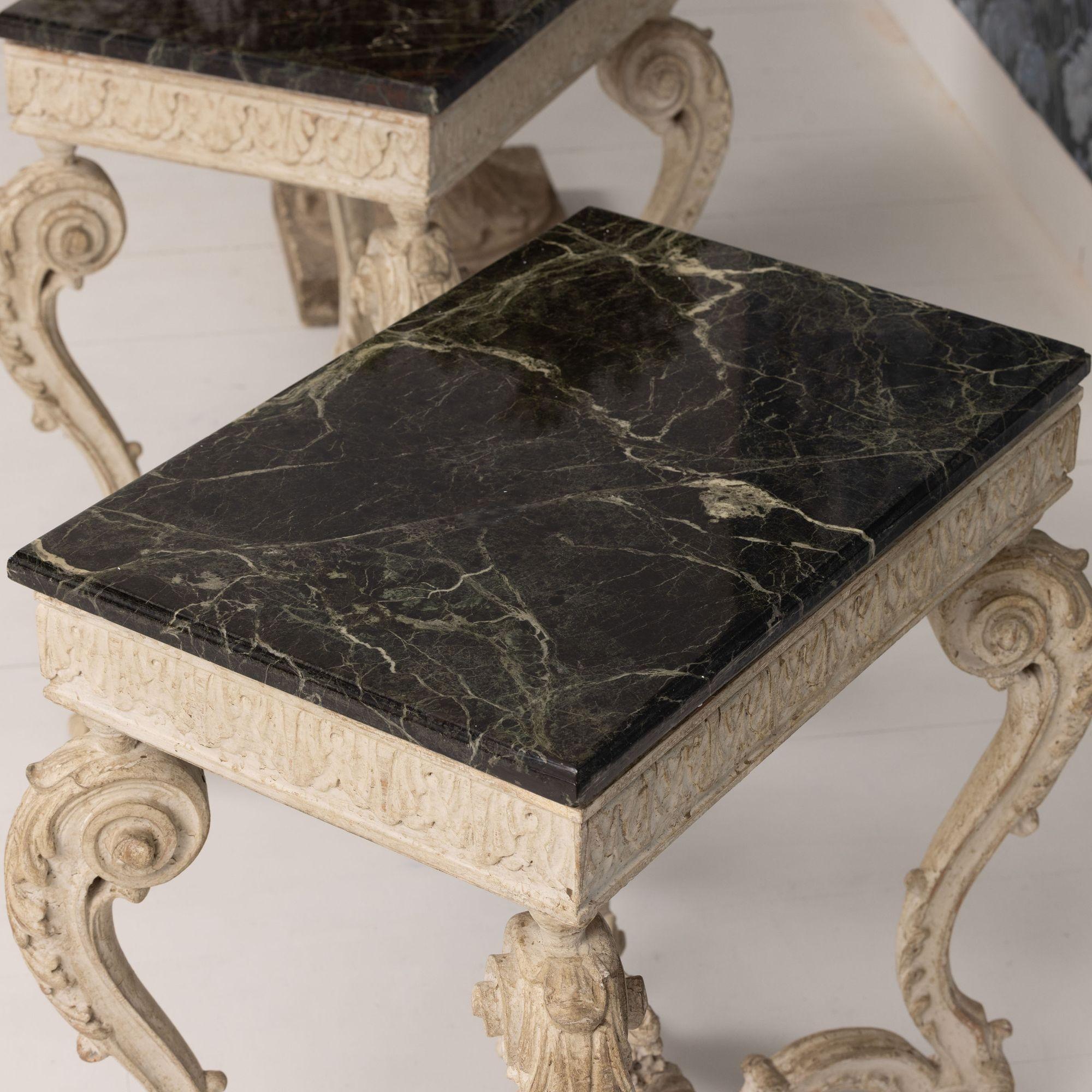 Pair, French Recency Maison Jansen Original Paint Tables with Campan Marble Tops For Sale 2