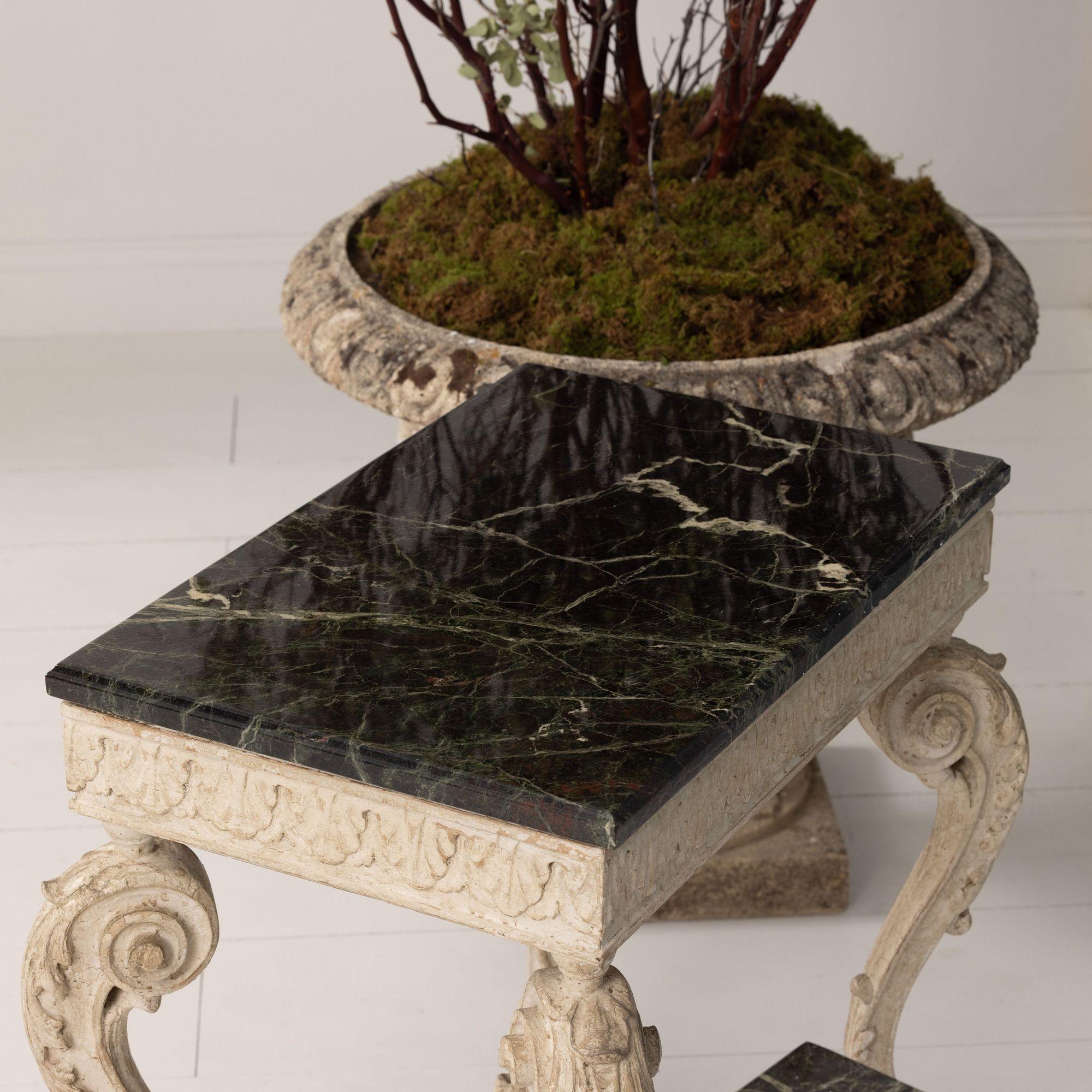 Pair, French Recency Maison Jansen Original Paint Tables with Campan Marble Tops For Sale 3